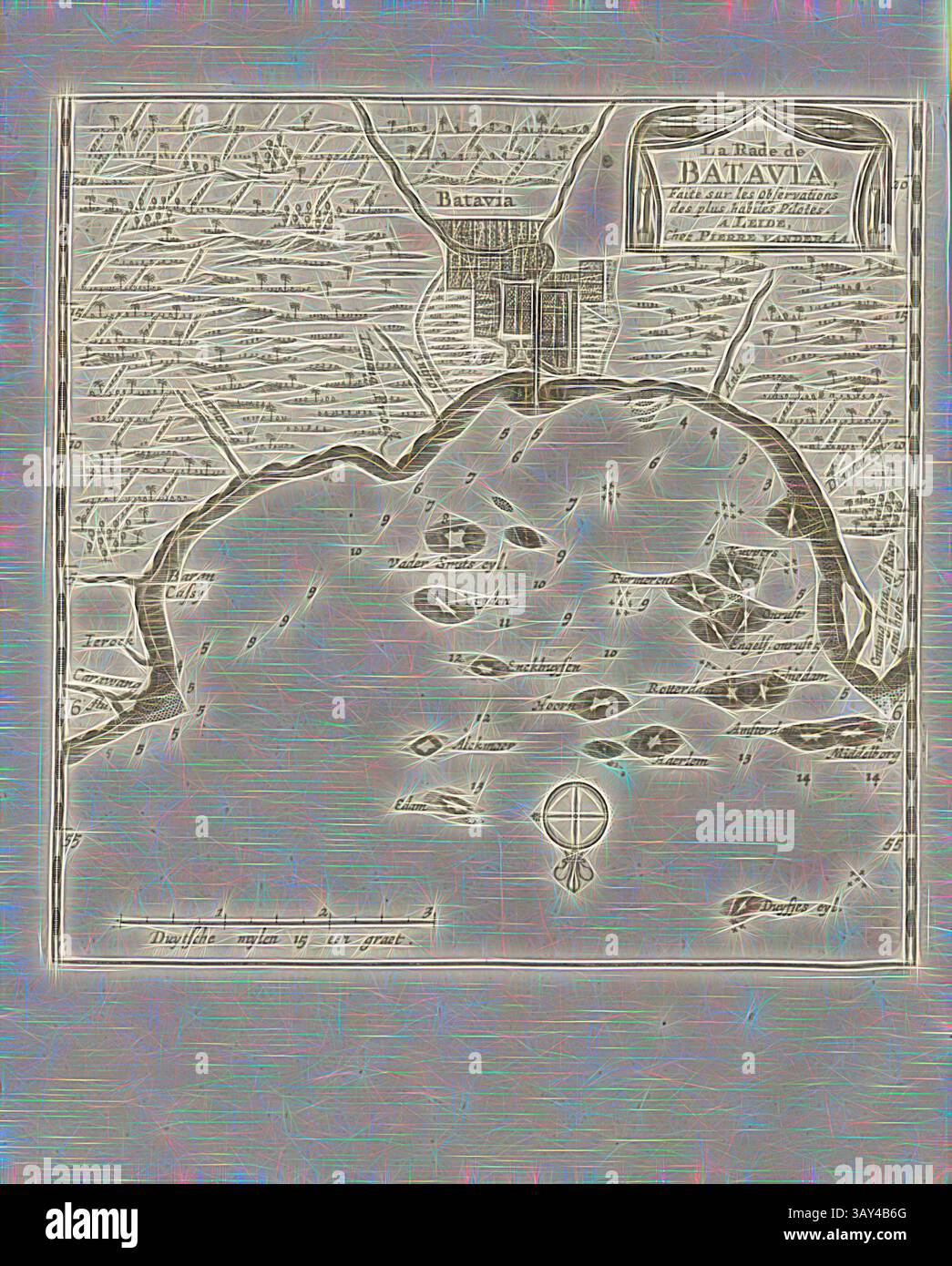 Una mappa storica raffigurante la baia di Batavia, che mostra la struttura costiera, gli insediamenti vicini e i dettagli di navigazione, con elementi decorativi e iscrizioni che evidenziano le caratteristiche principali della regione., la rata di Batavia, Mappa dell'ancoraggio di Batavia del XVIII secolo, firmata: Faite sur les Observations des Plus habiles Pilotes., A LEIDE, Chez PIERRE VAN DER AA, Fig. 23, secondo P. 392, AA, Pierre van der (chez), 1727, Adam Olearius: Voyages très-curieux et très-renommez faits en Moscovie, Tartarie et perse: Dans lequels on trouve une description curieuse & la situation Foto Stock
