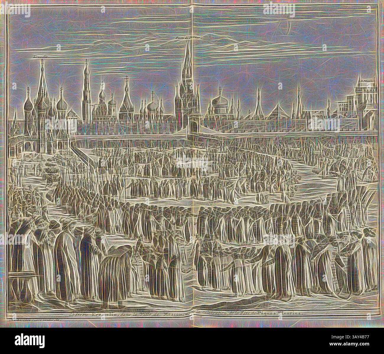 Un'intricata scena caratterizzata da un vasto raduno di figure in una città prominente, caratterizzata da torreggianti guglie e architettura ornata. Il paesaggio è animato da linee e forme dinamiche, evocando un senso di movimento e di grandezza in un contesto storico. Il Castello del Cremelin, a Mosca, con la celebrazione del Festival di Pasqua Fleurics, illustrazione di una festa sulla piazza di fronte al Cremlino di Mosca del XVIII secolo, firmata: A Leide, Chez Pierre Vander AA, Fig. 14, pag. 136, AA, Pierre van der (chez), 1727, Adam Olearius: Voyages très-curieux et très-renommez faits en Foto Stock