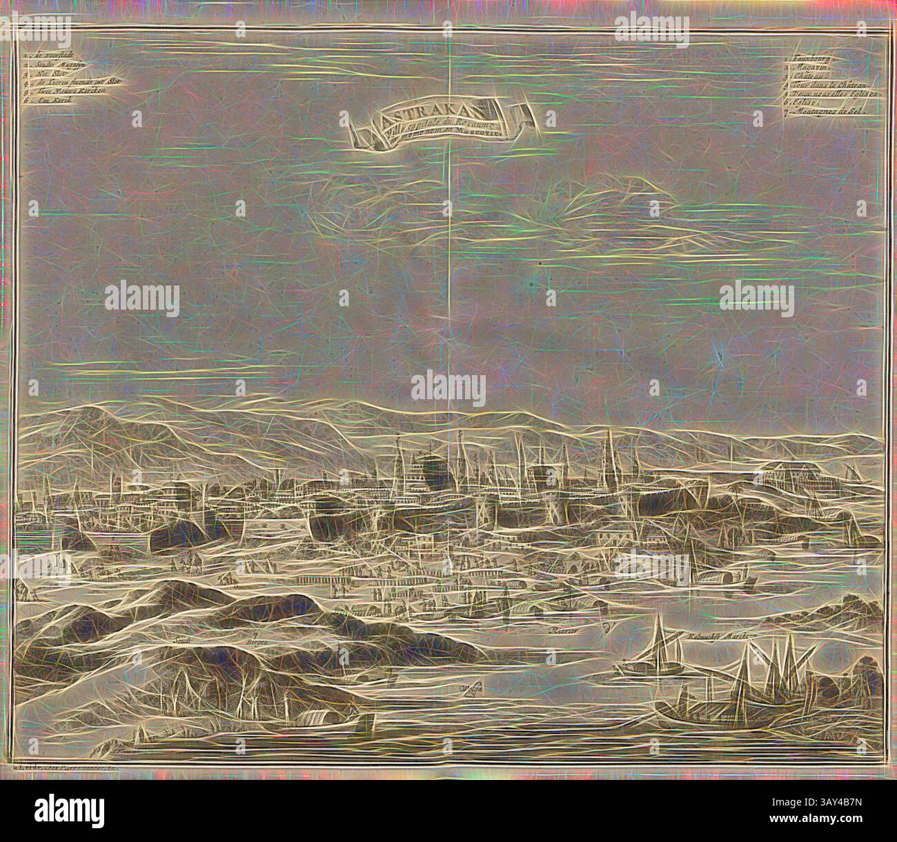 Un'illustrazione dettagliata di una città costiera, con edifici, colline sullo sfondo e navi sull'acqua, il tutto sotto un cielo nuvoloso. Uno striscione con la scritta "ASTRANA" è ben visibile sopra la scena. Astrakhan, capitale dell'omonimo regno in Moscovia, veduta della città di Astrakan, capitale dell'omonimo regno, del XVIII secolo, con leggende olandesi e francesi, firmata: A Leide, Chez Pierre van der AA, Fig. 30, dopo P. 452, AA, Pierre van der (chez), 1727, Adam Olearius: Voyages très-curieux et très-renommez faits en Moscovie, Tartarie et perse: Dans lequels Foto Stock