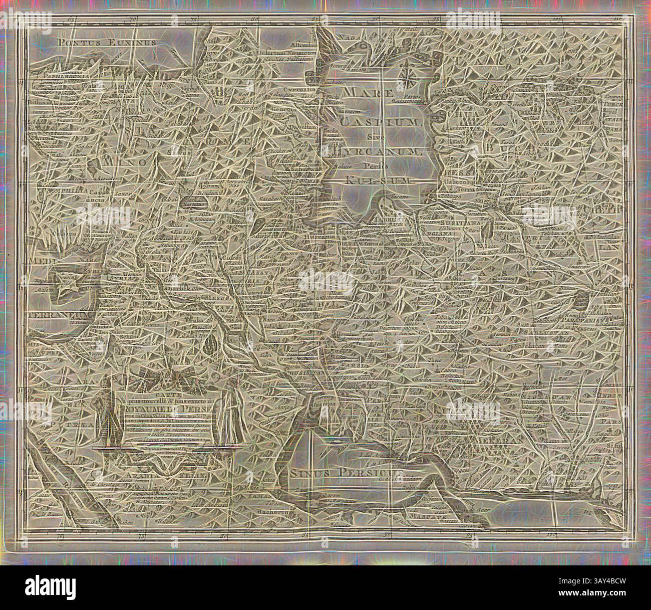 Una mappa d'epoca dettagliata che mostra varie caratteristiche geografiche, città e luoghi di interesse, con elementi cartografici ed etichette ornate ovunque., carte la Plus-nouvelle & Plus-exacte du Royaume de Perse avec ses Côtes, Villes Maritimes, tous les pays qui en dependent, & ses Lieux circonvoisins, Mappa del XVIII secolo Regno di Persia, firmata: Corrigée de nouveau et suivée suivée des à, Plus. 33, dopo pag. 516, AA, Pierre vander (chez), 1727, Adam Olearius: viaggi très-curieux et très Foto Stock