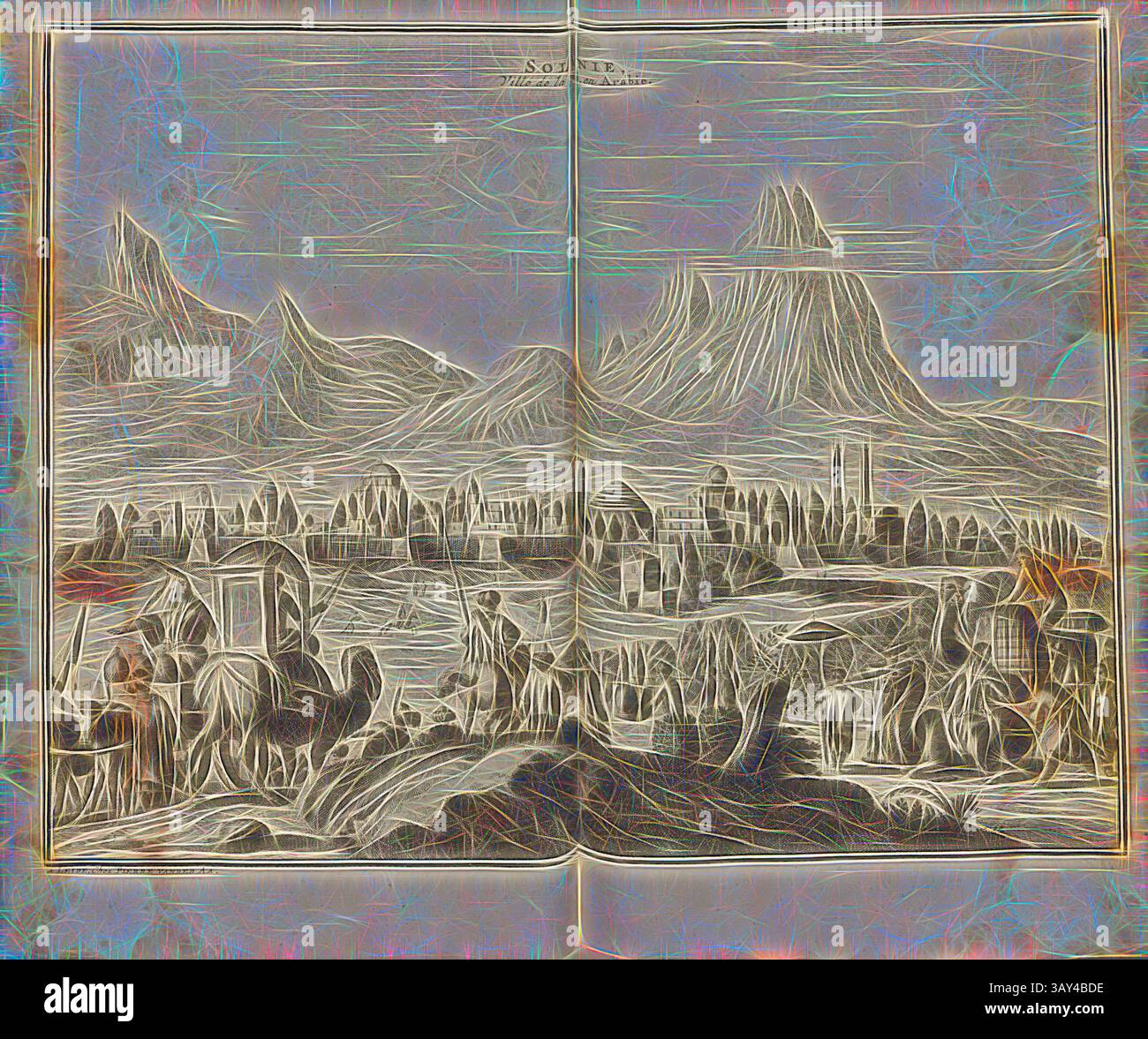 Un paesaggio tranquillo che mostra montagne lontane e un vivace insediamento in primo piano, con figure e animali impegnati in varie attività, il tutto incorniciato da un intricato ambiente naturale. La scena evoca un senso di esplorazione e armonia con la natura., Solanie, città del ... in Arabia, Vista della città di Solanie in Arabia del XVIII secolo, firmata; Una sofferente, Chez Pierre vander AA, Fig. 3, dopo P. 656, AA, Pierre van der (chez), 1727, Adam Olearius: Voyages très-curieux et très-renommez faits en Moscovie, Tartarie et perse: Dans lequels on trouve une description curieuse & la Foto Stock