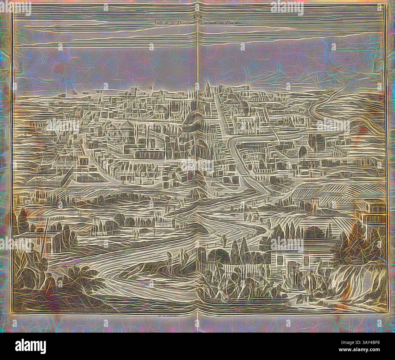 Un'intricata vista panoramica mostra un vasto paesaggio urbano, pieno di strade tortuose, gruppi di edifici e paesaggi naturali. La scena cattura l'essenza della vita urbana, mescolando l'architettura con l'ambiente circostante. Kom, città della provincia di Yerack, Persia, Vista della città di Kom in Persia del XVIII secolo, firmato; Un malato, Chez Pierre vander AA, Fig. 5, dopo P. 680, AA, Pierre van der (chez), 1727, Adam Olearius: Voyages très-curieux et très-renommez faits en Moscovie, Tartarie et perse: Dans lequels on trouve une description curieuse & la situation exacte des Foto Stock