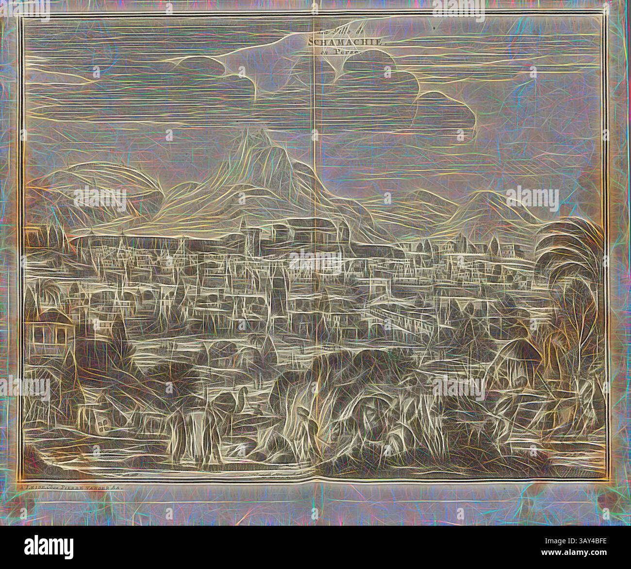 Una scenografia paesaggistica dettagliata con una vista estesa di una città annidata tra colline ondulate, con montagne sullo sfondo e nuvole sparse in tutto il cielo. Le linee intricate creano un senso di profondità e consistenza in tutta la composizione., la città di Schamachia in Persia, Vista della città di Schamachi del XVIII secolo, firmata; Un malato, Chez Pierre vander AA, Fig. 1, dopo P. 592, AA, Pierre van der (chez), 1727, Adam Olearius: Voyages très-curieux et très-renommez faits en Moscovie, Tartarie et perse: Dans lequels on trouve une description curieuse & la situation exacte des Foto Stock