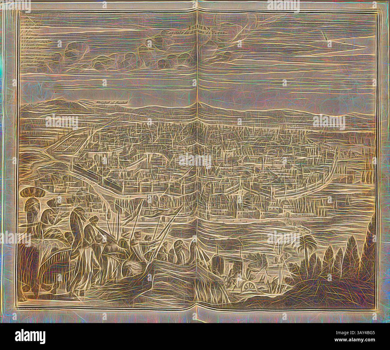 Un vasto paesaggio urbano rivela intricati disegni architettonici e una vivace struttura, incorniciata da colline ed elementi paesaggistici naturali. La scena cattura l'essenza della vita urbana, mostrando una miscela di strutture storiche e l'ambiente circostante. Lo skyline si allunga in lontananza, mentre il fogliame in primo piano aggiunge profondità e contesto al vibrante ambiente urbano. Isfahan, capitale del Regno di Persia, Vista della città di Ispahan, capitale dell'Impero persiano, dal XVIII secolo, firmato; Un malato, Chez Pierre vander AA, Fig. 8, dopo P. 752, AA, Pierre van der (chez Foto Stock