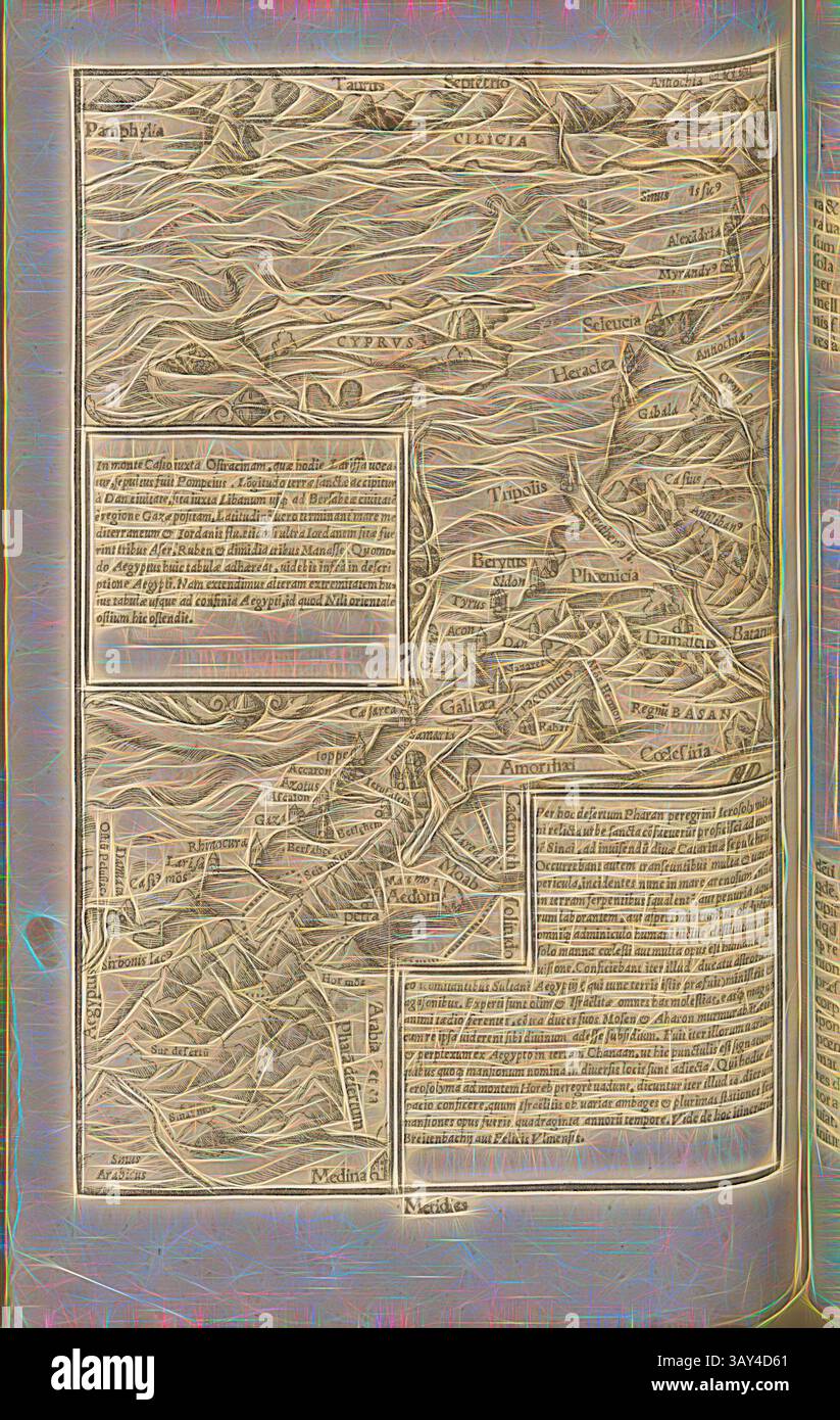 Una mappa dettagliata e intricata con varie regioni geografiche, città antiche e monumenti importanti, che mostra una miscela di elementi cartografici e descrizioni di testo., Middle East, Map of the Middle East from the XVI secolo, firmata RMD, Fig. 67, dopo P. 1001, Deutsch, Hans Rudolf Manuel, 1552, Sebastian Münster: Cosmographiae universalis Lib. Vi. In quibus, iuxta certioris fidei scriptorum traditionem describuntur, Omniu[m] habitabilis orbis partiu[m] situs [...] Omnium gentium mores, leges, religio, res gestae, mutationes [...]. Liber quintus. [Basilea]: [Petri], [1552 Foto Stock