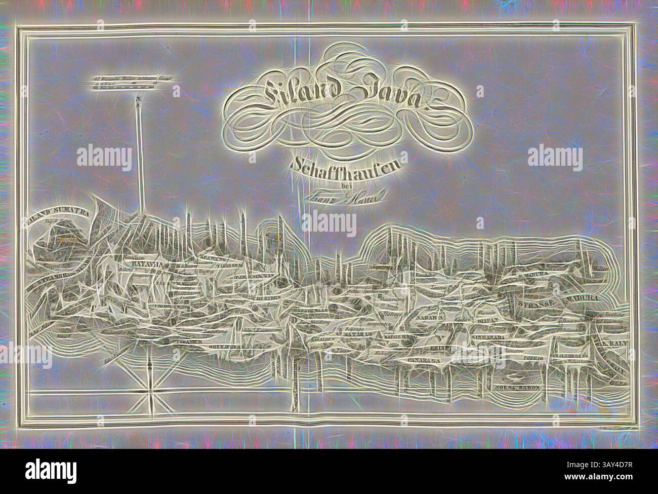 Una mappa dettagliata che mostra i contorni di un paesaggio, adornato da lettere decorative e vari luoghi etichettati, che riflettono la meticolosa maestria artigianale e l'estro artistico., isola di Giava, Mappa dell'isola di Giava, firmata: Lith., F. Hurter, Fig. 16, dopo P. 93, Hurter, Franz (lith.), Johann Jakob Xaver Pfyffer zu Neueck: Skizzen von der Insel Java und den verschiedenen Bewohnern derselben. 2) Aufl. Schaffhausen: Beim Verleger Franz Hurter und in der Hurter'schen Buchhandlung, 1832, arte classica con un tocco moderno reinventata da Artotop Foto Stock