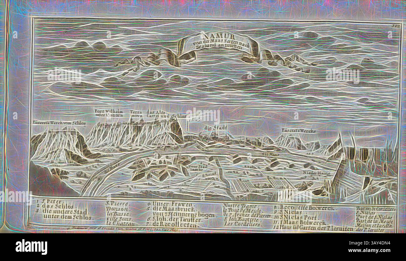 Una mappa dettagliata che raffigura un paesaggio costiero, con montagne e acqua, con un importante banner e luoghi etichettati che evidenziano vari insediamenti e monumenti storici. La topografia è illustrata con una combinazione di linee e ombreggiature per suggerire profondità e altitudine., Namur, Namur in Belgio, firmato: G. Bodenehr fec., et exc., a., V, PL. 112, dopo P. 51, Bodenehr, Gabriel d. Ä (fec. Et exc.), 1710, Gabriel Bodenehr: Europens Pracht und Macht nel 200 Kupfer-Stücken: Worinnen nicht nur allein die berühmtest und ansehnlichste, sondern auch andere Stätte, Festungen Foto Stock
