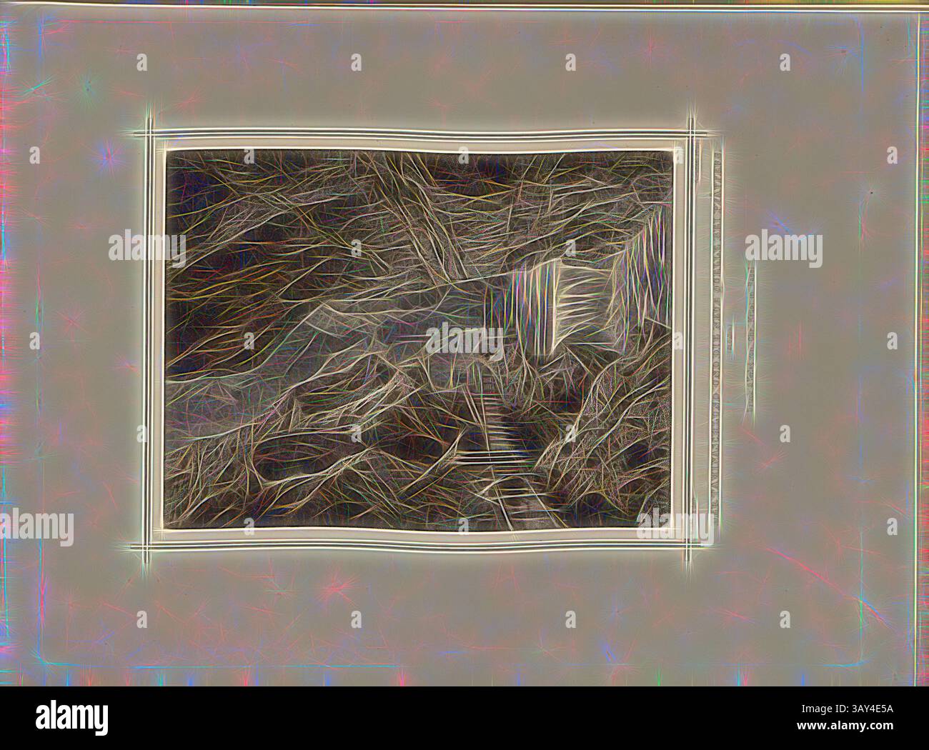 Una scena surreale presenta linee e motivi intricati e fluenti che trasmettono un senso di movimento e profondità, suggerendo una misteriosa scalinata che sale attraverso un paesaggio astratto. La composizione generale evoca sentimenti di intrigo ed esplorazione., il Taminaschlund e la nuova primavera a Pfäfers, Tamina Gorge, firmati: L. Rohbock (del.), K. Gunkel (sculp.), Taf. 46, p. 97, Rohbock, Ludwig (del.); Gunkel, Carl (sculp.), 1870, Ludwig Rohbock: album der Nord- und Ostschweiz: 100 Stahlstiche aus den Cantonen Basilea, Soletta, Argovia, Zürich, Sciaffhausen, Thurgau, San Gallo, Appenzello, Glaro Foto Stock