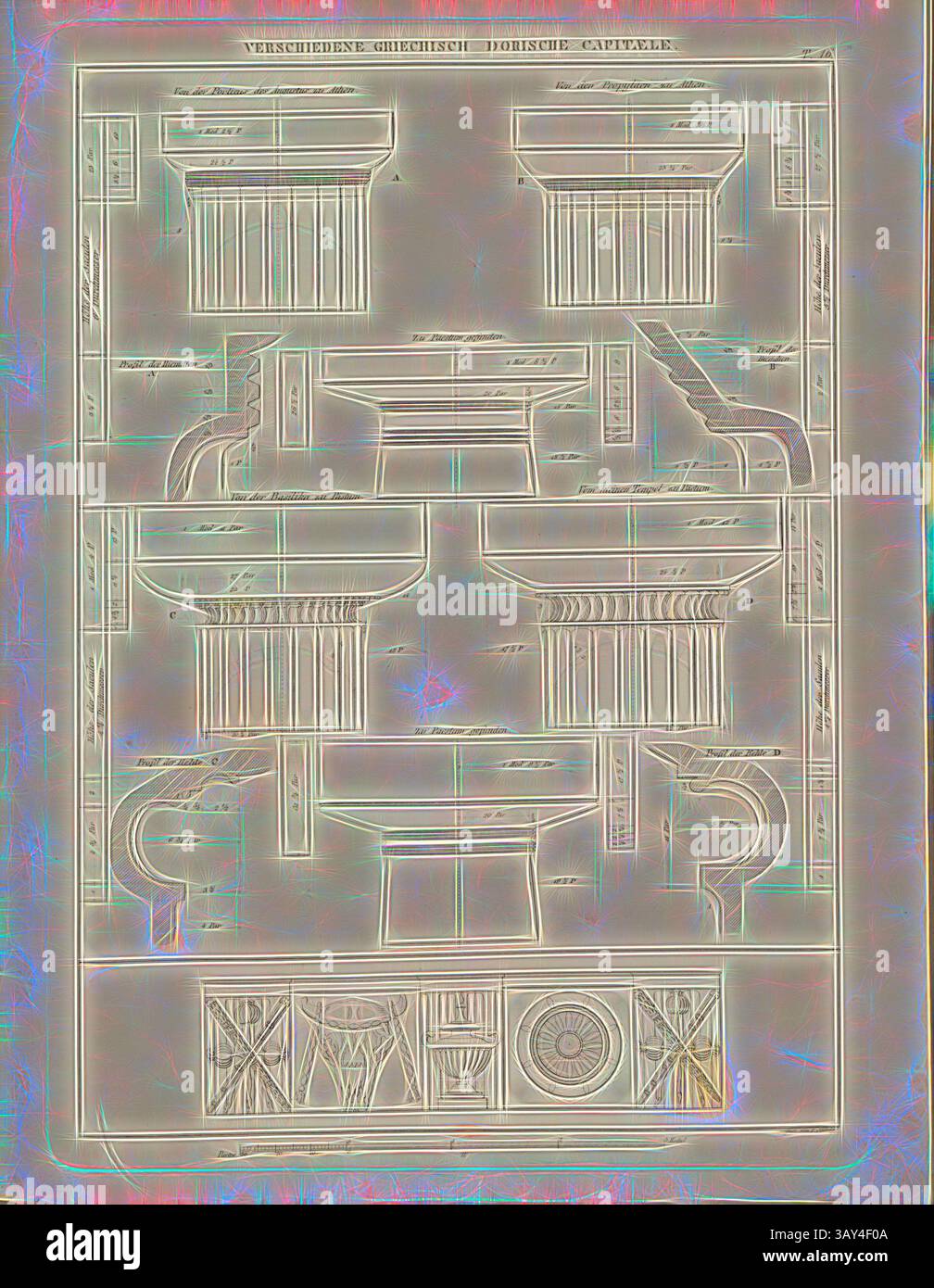 Una collezione di intricati disegni architettonici che mostrano vari stili di colonne e capitelli classici, evidenziando l'eleganza e l'artigianato dell'antica architettura greca. Annotazioni e misure dettagliate accompagnano ogni disegno, sottolineandone il significato storico e i dettagli artistici., vari capitelli dorici greci, Dettagli sulle colonne del tempio di Apollo su Delos, firmato: Firmato da F. Jättnig, bar 16, dopo P. 116, Jättnig, Ferdinand (sc.), 1845, Johann Matthäus von Mauch: Neue systematische Darstellung der architektonischen Ordnungen der Griechen, Römer und neuern Foto Stock
