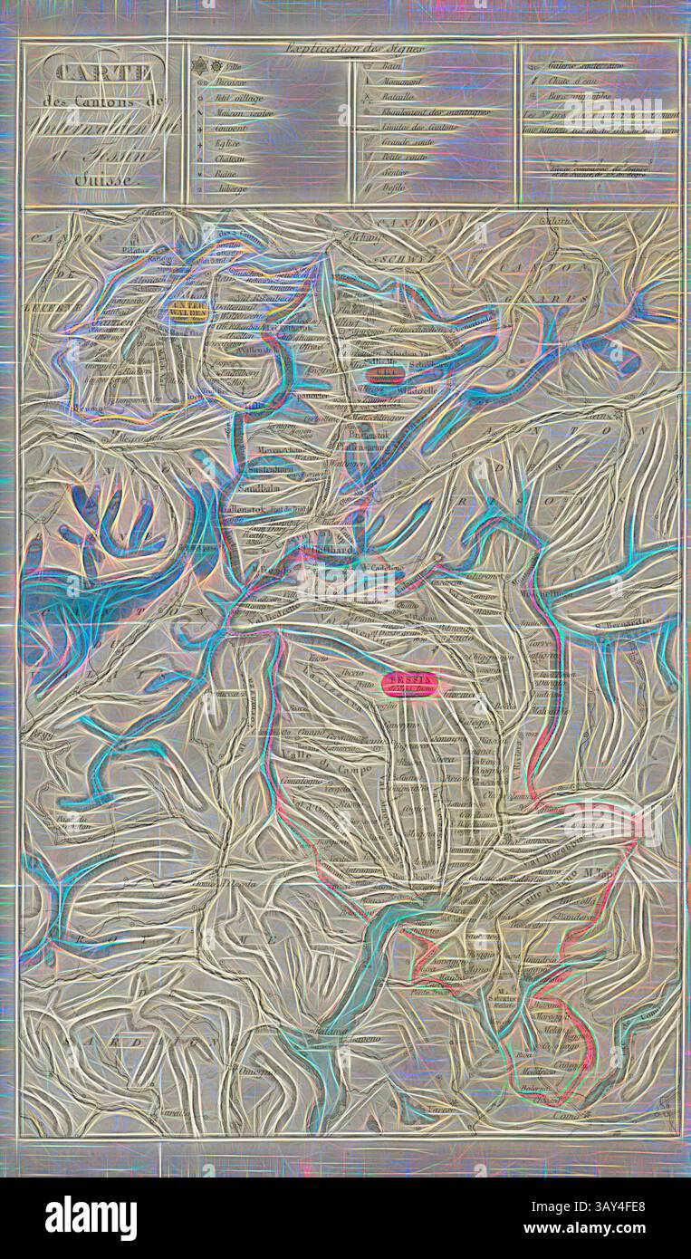 Una mappa topografica dettagliata che mostra varie caratteristiche geografiche, tra cui fiumi, valli e contorni di elevazione, con etichette che indicano le posizioni e i punti di riferimento principali, Mappa dei Cantoni di Unterwalden Uri e Ticino. Swiss, Mappa del Cantone di Nidvaldo, Obvaldo, Uri, Glarus, Berna, Ticino e Grigioni, Fig. 10, dopo P. 68, 1824, Charles Alexander Snoeck: Promenade aux Alpes. [Nicht ermittelbar]: [Nicht ermittelbar], 1824, arte classica con un tocco moderno reinventata da Artotop Foto Stock