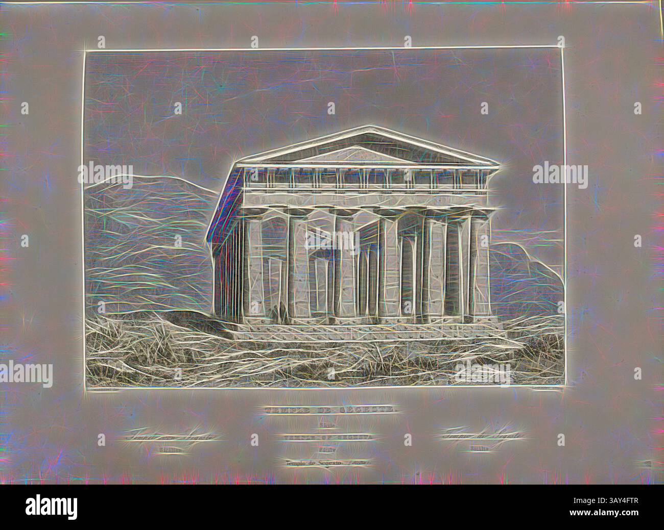 Una struttura classica caratterizzata da alte colonne e da un frontone triangolare, adagiata su uno sfondo di dolci colline, che incarnano la grandiosità dell'architettura antica., Tempio di Segesta, Tempio di Segesta in Sicilia, firmato: L. Gaucherel (del.), Lemaitre (scultura), Fig. 52, pag. 233, Gaucherel, L. (del.); Lemaitre (sculp.), 1853, Jules Gailhabaud: Monuments anciens et Modernes. BD 1) Parigi: Librairie de Firmin Didot frères, 1853, arte classica con un tocco moderno reinventata da Artotop Foto Stock
