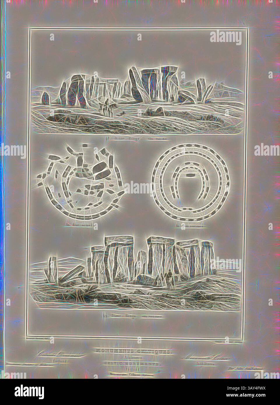 Una rappresentazione stilizzata di antiche strutture in pietra, caratterizzata da una formazione circolare al centro, accompagnata da interpretazioni astratte di altre due formazioni. I contorni intricati creano un senso di profondità e mistero, suggerendo il significato storico di questi monumenti. Monumenti celtici, Inghilterra, monumento celtico a Stonehenge in Inghilterra, firmato: Ernest Breton (del.), Emile Lejeune (sculture), Fig. 8, p. 53, bretone, Ernest (del.), Leujeune, Emile (sc.), 1853, Jules Gailhabaud: Monuments anciens et modernes. BD 1) Parigi: Librairie de Firmin Didot frères, 1853, arte classica con a Foto Stock