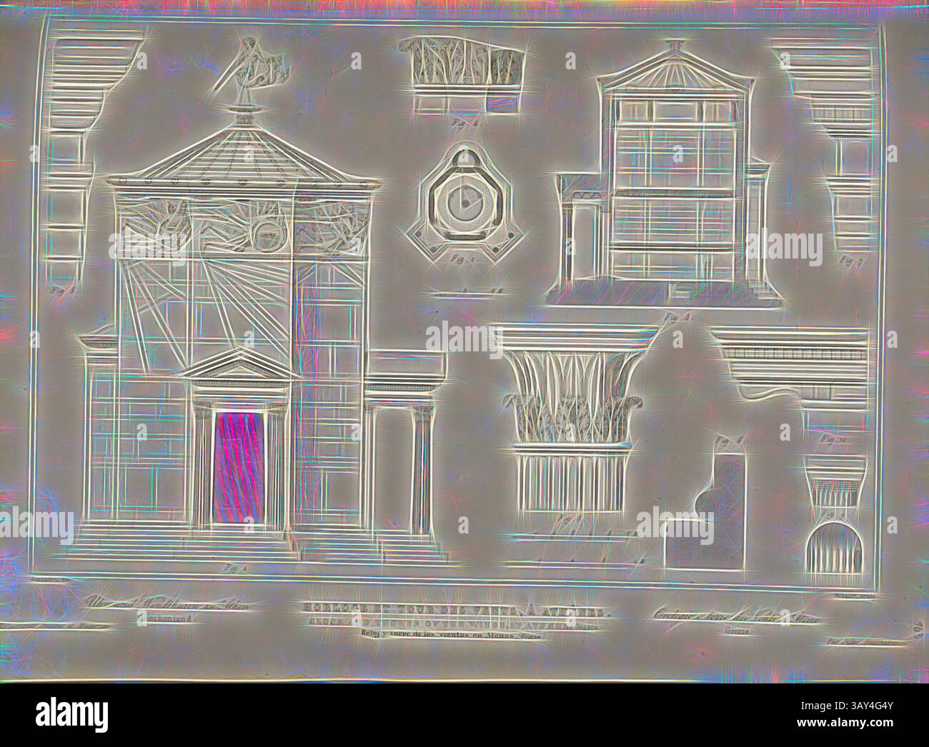 Una collezione di intricati disegni architettonici con varie facciate dell'edificio, tra cui dettagli decorativi come colonne e motivi ornamentali, che mostrano una miscela di stili classici e astratti. Orologio e Torre dei Venti, Atene, Torre dei Venti con orologio ad Atene, firmato: Amoudru (del.); Ribault (scultura), Fig. 62, pag. 277, 1853, Jules Gailhabaud: Monuments anciens et modernes. BD 1) Parigi: Librairie de Firmin Didot frères, 1853, arte classica con un tocco moderno reinventata da Artotop Foto Stock