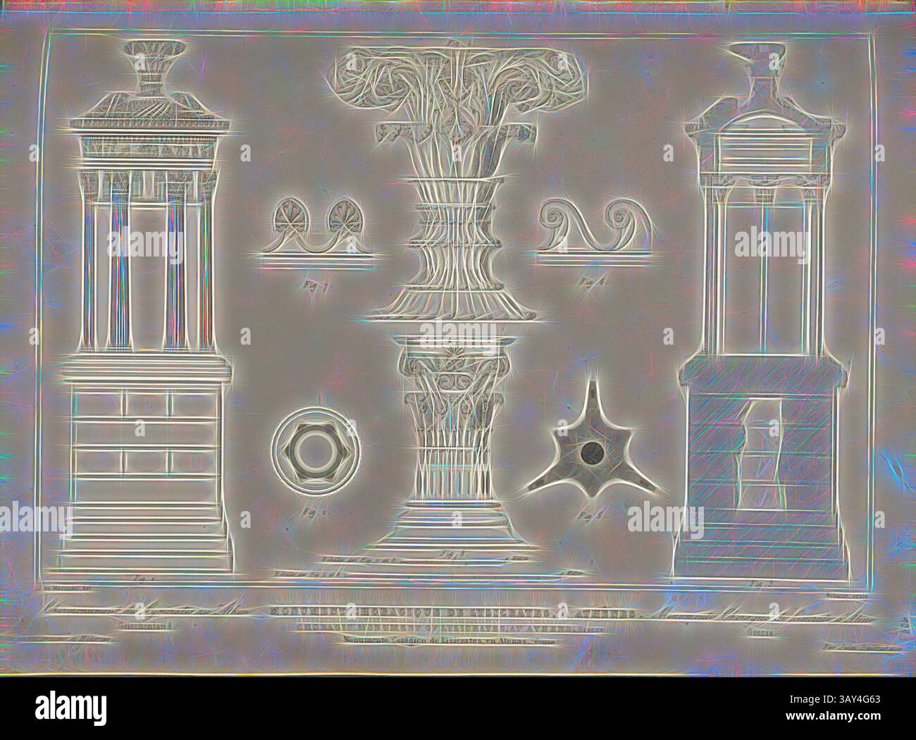 Un design intricato caratterizzato da elementi architettonici classici, tra cui due colonne, una capitale decorativa e motivi ornamentali. La disposizione è simmetrica e sottolinea l'eleganza degli antichi stili architettonici., Monumento coragico dei lisicrati, Atene, Monumento corale dei lisicrati ad Atene, firmato: J. de Merindol (del.); Ribault (scultura), Fig. 61, p. 271, Merindol, de J. (del.); Ribault (sculp.), 1853, Jules Gailhabaud: Monuments anciens et Modernes. BD 1) Parigi: Librairie de Firmin Didot frères, 1853, arte classica con un tocco moderno reinventata da Artotop Foto Stock