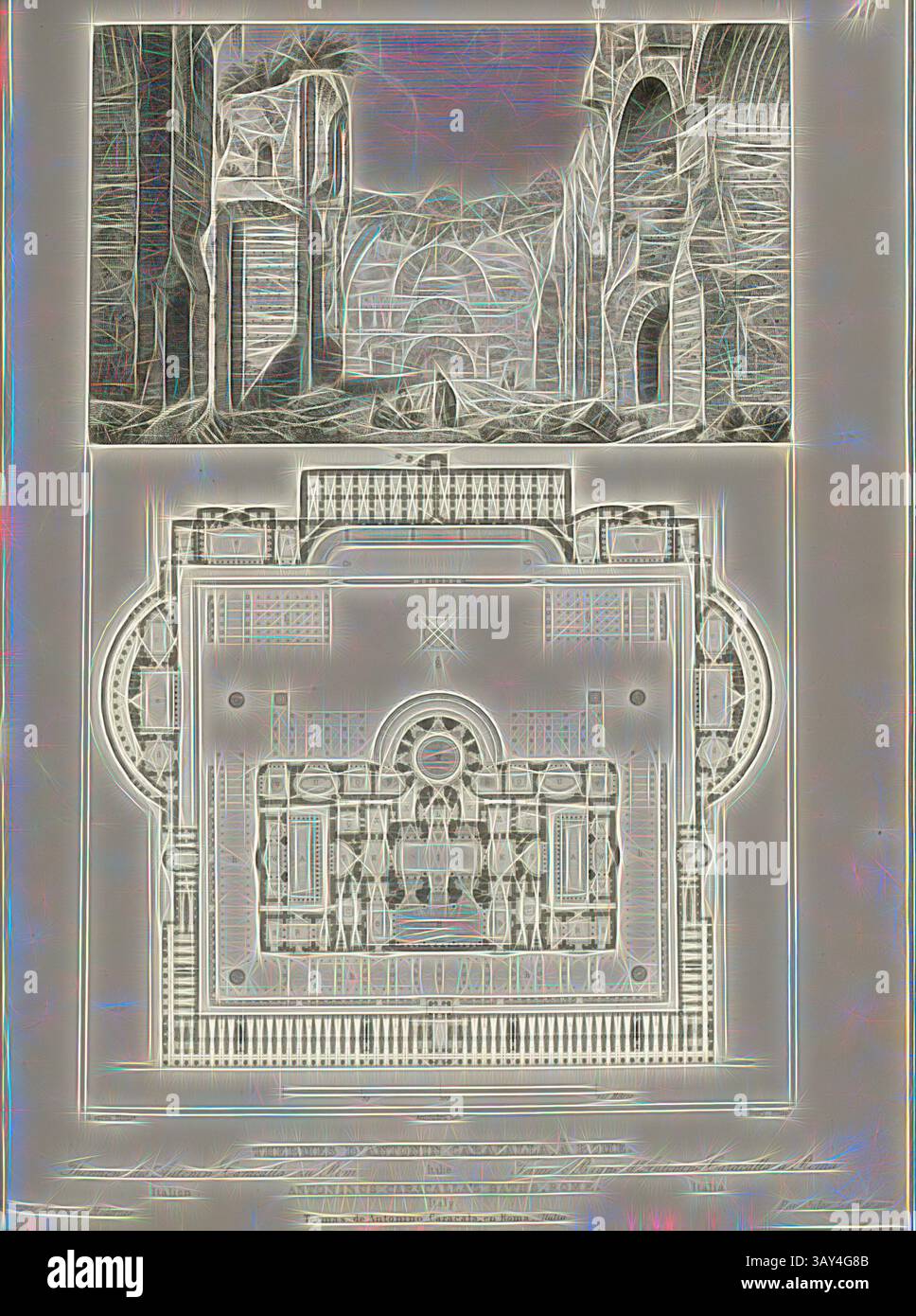 Un'illustrazione dettagliata con due scene distinte: La metà superiore raffigura un paesaggio antico e grandioso con torreggianti formazioni rocciose e un vasto arco, mentre la metà inferiore presenta un complesso disegno di un dispositivo meccanico, che presenta varie componenti e una disposizione simmetrica., Terme di Antonin Caracalla, a Roma, Terme di Caracalla a Roma, firmate: d'après Blouet, Amoudru (del.); Bury (sculp.), Fig. 100, S. 405, Blouet (d'après); Amoudru (del.); Bury (sculp.), 1853, Jules Gailhabaud: Monuments anciens et Modernes. BD 1) Parigi: Librairie de Firmin Didot frères, 1853, arte classica con a Foto Stock Un'illustrazione dettagliata con due scene distinte: La metà superiore raffigura un paesaggio antico e grandioso con torreggianti formazioni rocciose e un vasto arco, mentre la metà inferiore presenta un complesso disegno di un dispositivo meccanico, che presenta varie componenti e una disposizione simmetrica., Terme di Antonin Caracalla, a Roma, Terme di Caracalla a Roma, firmate: d'après Blouet, Amoudru (del.); Bury (sculp.), Fig. 100, S. 405, Blouet (d'après); Amoudru (del.); Bury (sculp.), 1853, Jules Gailhabaud: Monuments anciens et Modernes. BD 1) Parigi: Librairie de Firmin Didot frères, 1853, arte classica con a Foto Stock