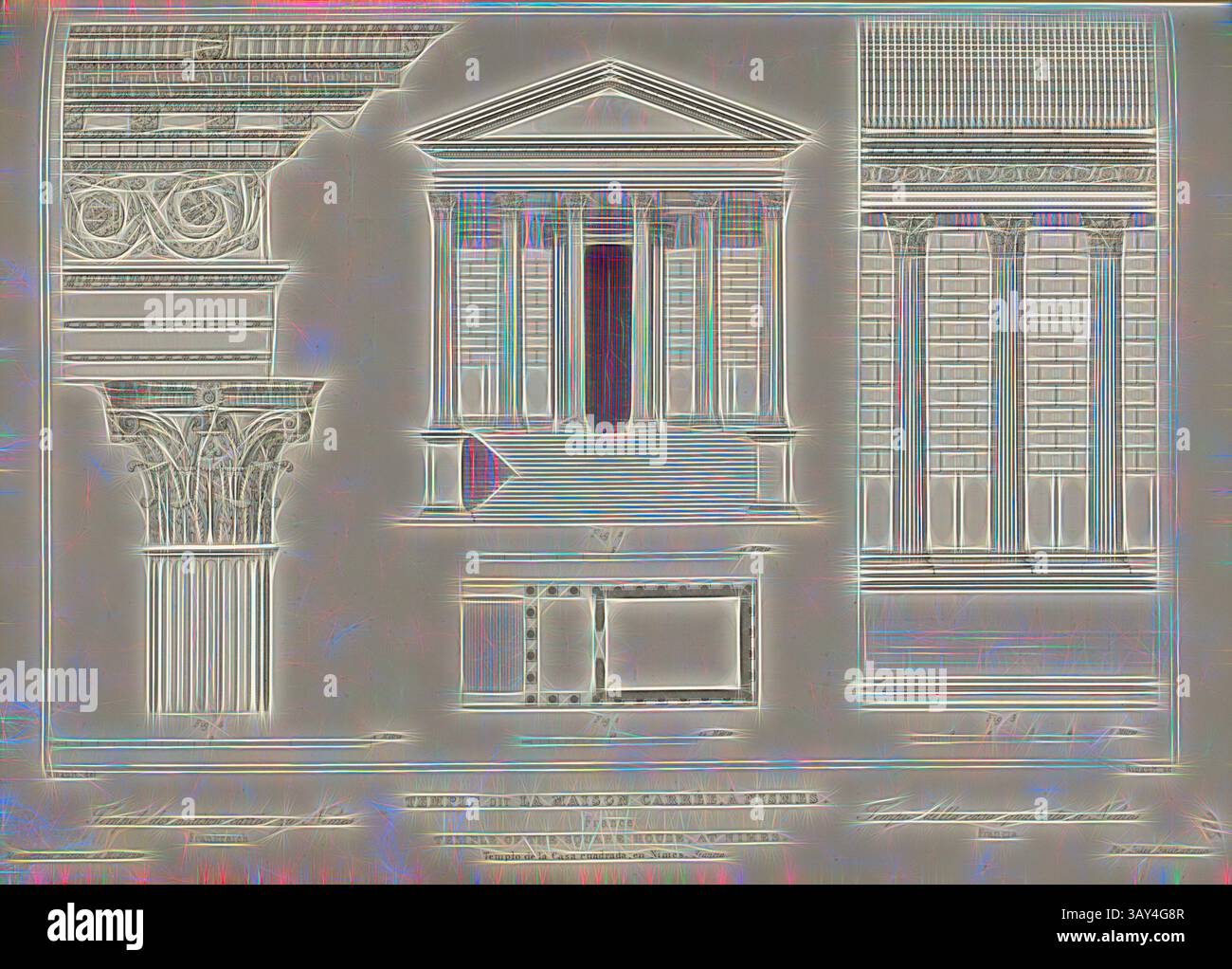 Una rappresentazione stilizzata di elementi architettonici classici, con intricati disegni a colonne, fregi dettagliati e la facciata di una struttura simile a un tempio, tutti collegati in un layout armonioso., Temple dice la Maison Carrée, a Nismes, Maison Carrée (tempio di epoca romana) a Nimes in Francia, firmata: Ribault (del.); Ribault (sc.), Fig. 75, pag. 321, Ribault (del.); Ribault (sc.), 1853, Jules Gailhabaud: monumenti antichi e moderni. BD 1) Parigi: Librairie de Firmin Didot frères, 1853, arte classica con un tocco moderno reinventata da Artotop Foto Stock
