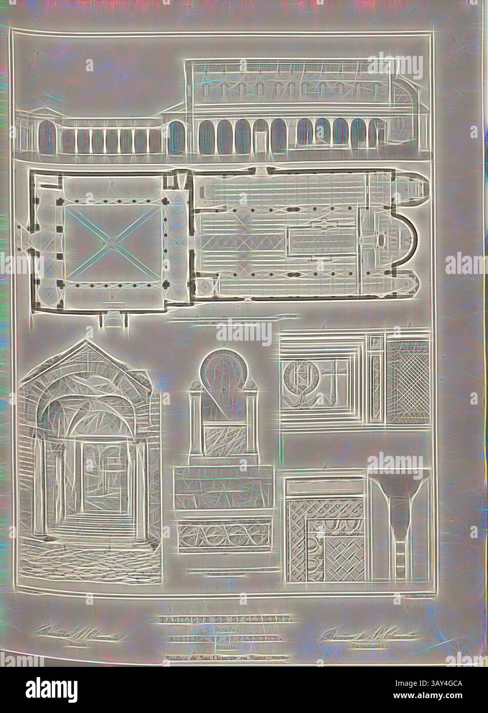 Un piano architettonico dettagliato che mostra vari elementi del design di un edificio, tra cui layout dei pavimenti, schemi complessi e caratteristiche strutturali. La composizione comprende sezioni ed elevazioni, enfatizzando la simmetria e l'artigianalità nel disegno., Basilica di San Clemente a Roma. Dettagli, planimetria e sezione trasversale della Basilica di San Clemente a Roma, firmata: J. Bouchet del, E. Ollivier sculp, Fig. 11, pag. 45, Bouchet, Jules Frédéric (del.); Ollivier, Emile Edmond (sc.), 1853, Jules Gailhabaud: Monuments anciens et Modernes: Collection formant une histoire de l'Architecture des Foto Stock