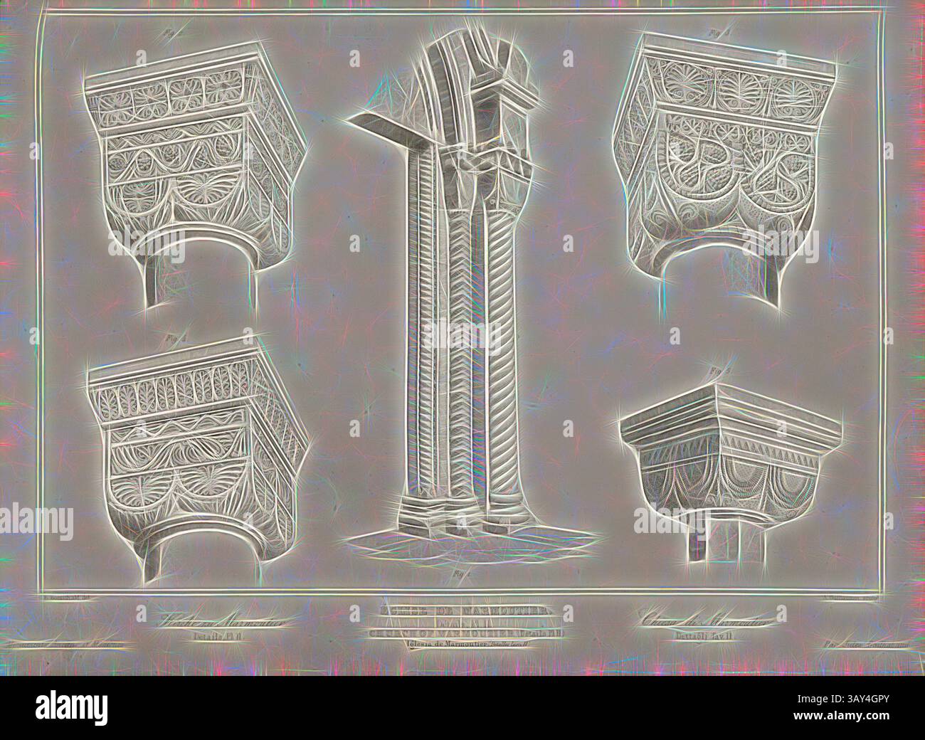 Un'illustrazione dettagliata presenta elementi architettonici complessi, che mostrano quattro capitelli decorativi stilizzati che circondano una colonna centrale. Ogni capitale mostra schemi e disegni elaborati, mettendo in risalto l'arte dell'architettura classica. La Chiesa di Marmoutier. Dettagli. PL. II, capitali e pilastri della chiesa del monastero di Marmoutier (Alsazia), firmata: E. Boesvilvald del, A. Guillaumont sculp, Fig. 53, pag. 181, Boesvilvald, E. (del.); Guillaumont, Auguste (sc.), 1853, Jules Gailhabaud: Monuments anciens et modernes: Collection formant une histoire de l'Architecture des différents Foto Stock