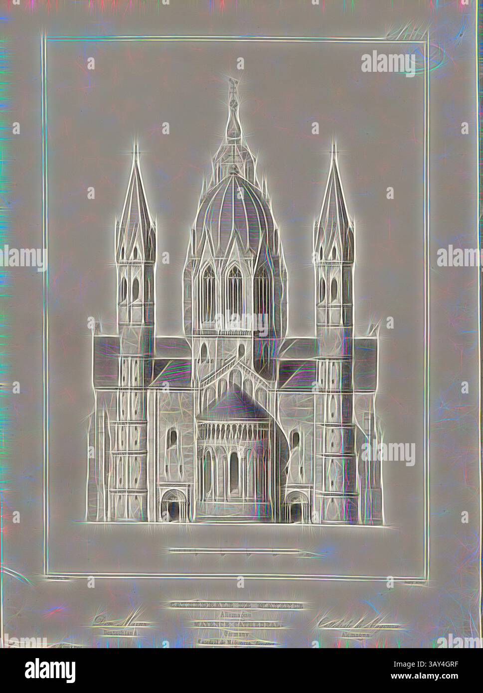 Un'intricata illustrazione architettonica di una grande cattedrale, caratterizzata da torreggianti guglie e dettagliate opere in pietra, circondata da elementi ornamentali, la Cattedrale di Magonza. Germania, Cattedrale di Magonza, firmato: Amoudru del, Bury Sculp, Fig. 75, p. 243, Amoudru (del.); Bury, Jean Baptiste Marie (sc.), 1853, Jules Gailhabaud: Monuments anciens et modernes: Collection formant une histoire de l'Architecture des différents peuples à toutes les époques. Parigi: Librairie de Firmin Didot frères, 1853, arte classica con un tocco moderno reinventata da Artotop Foto Stock