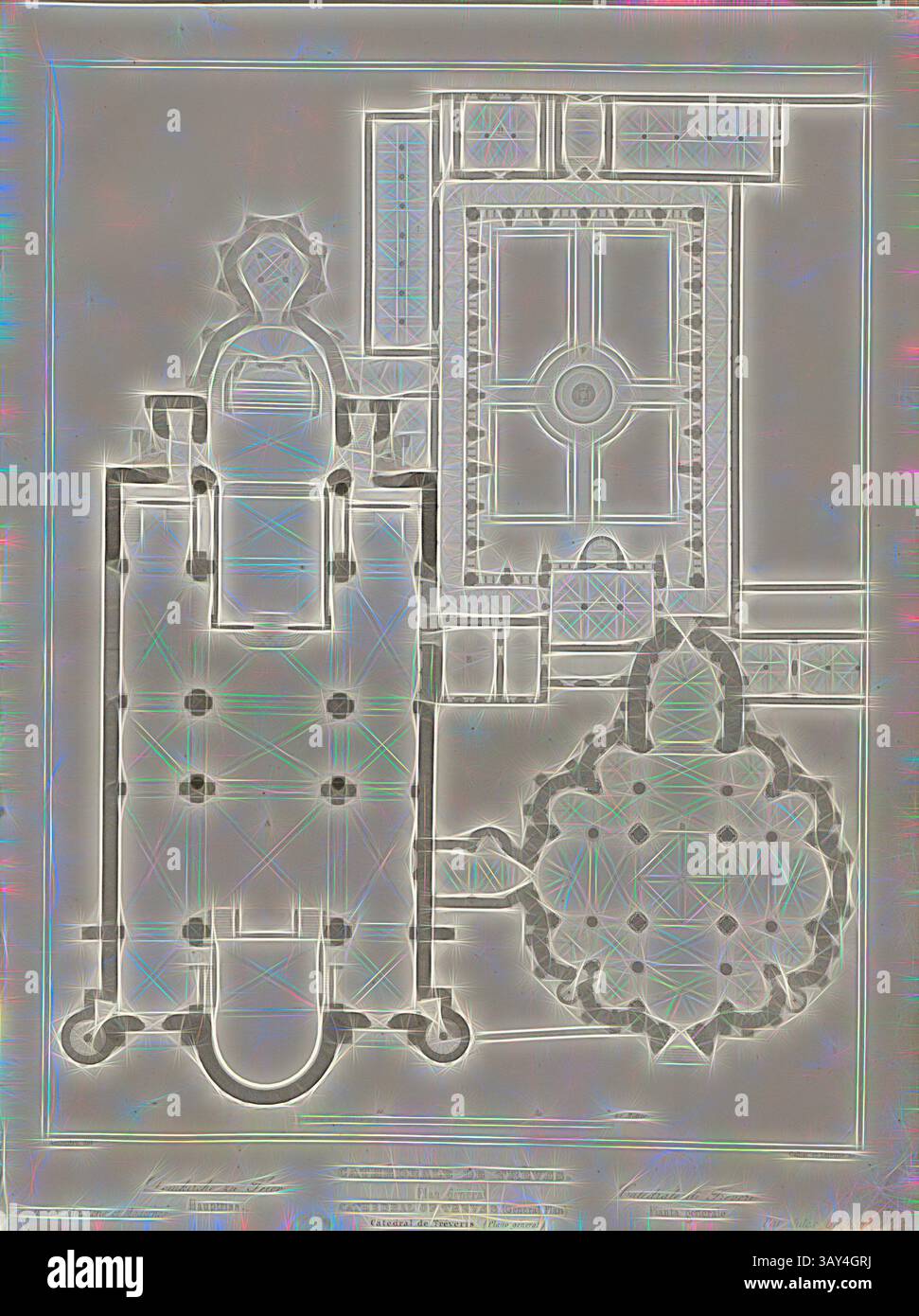 Un dettagliato piano architettonico che mostra una disposizione simmetrica con distinti motivi geometrici, caratterizzato da un cortile centrale e intricati disegni che circondano la struttura principale, la Cattedrale di Treviri. Pianta generale, planimetria della cattedrale e della Liebfrauenkirche di Treviri, firmata: Amoudru del, Caillat et Lejeune sc, Fig. 61, p. 209, Amoudru (del.); Calliat, Victor (sc.); Lejeune, E. (sc.), 1853, Jules Gailhabaud: Monuments anciens et modernes: Collection formant une histoire de l'Architecture des différents peuples à toutes les époques. Parigi: Librairie de Firmin Didot frères, 1853 Foto Stock