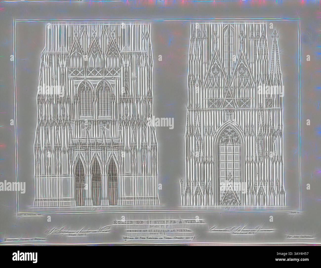 Un'illustrazione architettonica dettagliata che presenta le intricate facciate di una grande cattedrale, che mostra elaborati elementi gotici come archi a punta, finestre ornate e alte guglie. La composizione evidenzia la simmetria e la complessità della struttura, sottolineandone il significato storico e l'artigianato artistico. Chiesa di Santo Stefano, Vienna. Dettagli PL. 2., facciata della cattedrale di Santo Stefano a Vienna, firmata: Bury et Jourdan del, Bury sc, PL., 48, Jourdan, Jean Marie (del.); Bury, Jean Baptiste Marie (del. et sc.), 1853, Jules Gailhabaud: Monuments anciens et modernes Foto Stock