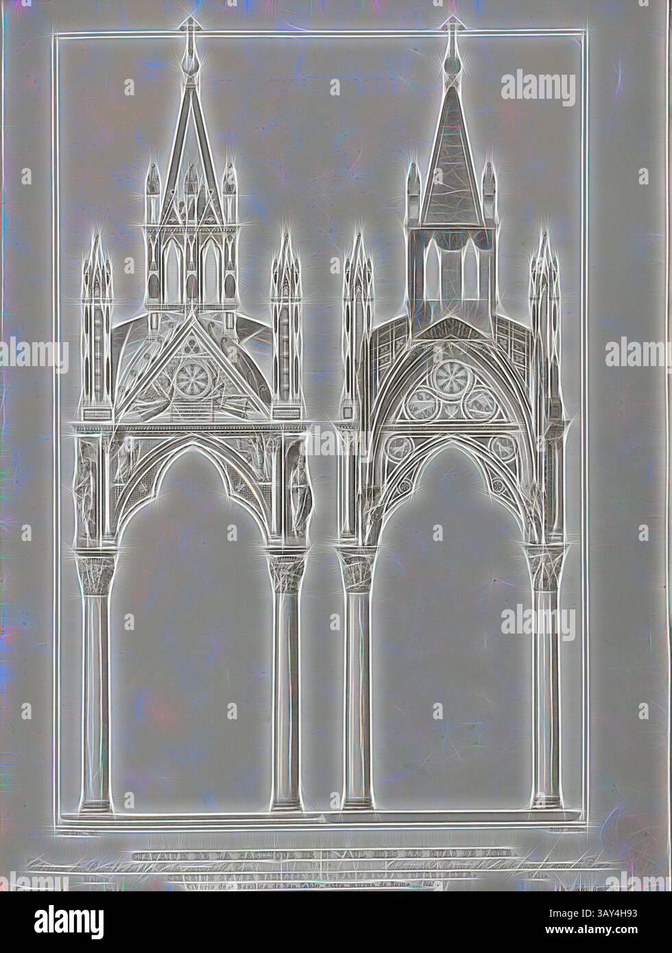 Un'illustrazione architettonica dettagliata con due torri in stile gotico, ognuna adornata da intricate guglie, archi ed elementi decorativi. Il design mette in mostra l'artigianato e la simmetria ornati, evocando un senso di grandezza e significato storico. Il Ciborium della basilica di San Paolo fuori le Mura di Roma, il Ciborium della Basilica di San Paolo fuori le Mura di Roma, firmato: Jourdan del, Bury Sculps, PL., 57, Jourdan, Jean Marie (del.); Bury, Jean Baptiste Marie (sc.), 1853, Jules Gailhabaud: Monuments anciens et modernes: Collection formant une histoire de l'Architecture des Foto Stock
