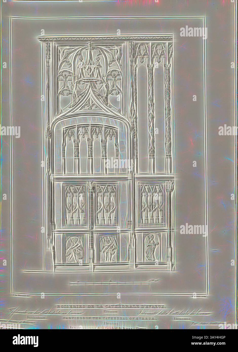Un complesso complesso architettonico presenta archi ornati e dettagli, rivelando una miscela di elementi gotici e artigianato. La composizione mette in risalto un'elegante armonia di forma e struttura, opera in legno della Cattedrale di Evreux. Elevazione 1, pannellatura nella cattedrale di Notre-Dame d'Évreux, firmata: J. de Mérindol del, A. Ribault sculp, Fig. 26, p. 145, Merindol, Jules Charles Joseph de (del.); Ribault, Auguste Louis Francois (sc.), 1853, Jules Gailhabaud: Monuments anciens et modernes: Collection formant une histoire de l'Architecture des différents peuples à toutes les Foto Stock