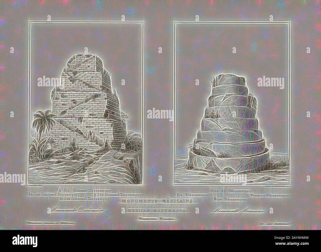 Una suggestiva raffigurazione di due antiche strutture piramidali, ognuna delle quali presenta intricate opere in pietra. La struttura di sinistra presenta una serie di livelli che portano a una parte superiore piatta, mentre quella di destra mostra una forma più conica con una superficie liscia. La vegetazione circostante suggerisce il loro ambiente lussureggiante originale, invitante curiosità sul loro significato storico. Monumenti messicani. A San Cristoval Téapantepec. Vicino a Tehuantepec, rovine a Tehuantepec in Messico, firmato: Jourdan del, Bury et Schroeder sc, Fig. 84, pag. 348, Jourdan, J. (del.); Bury, Jean Baptiste Marie (sc.); Schroeder, Friedrich (sc Foto Stock