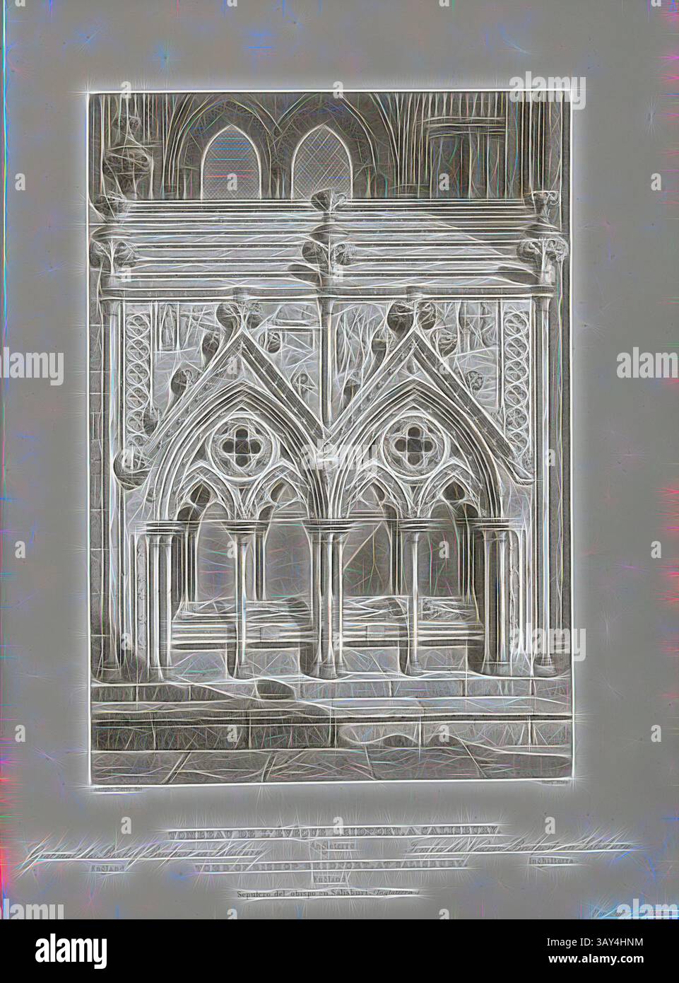 Intricati dettagli architettonici mettono in mostra un'incredibile esposizione di elementi di design gotico, con archi ornati e delicate opere in pietra, che creano un senso di grandezza storica e artistica. La tomba del vescovo Bridport, Salisbury, la tomba del vescovo Giles de Bridport ( -1262 nella Cattedrale di Salisbury, firmato: Adolphe Berty del, Bury sculp, PL. 100, Berty, Adolphe (del.); Bury, Jean Baptiste Marie (sc.), 1853, Jules Gailhabaud: Monuments anciens et modernes: Collection formant une histoire de l'Architecture des différents peuples à toutes les époques. Parigi: Librairie de Firmin Didot frères, 1853 Foto Stock