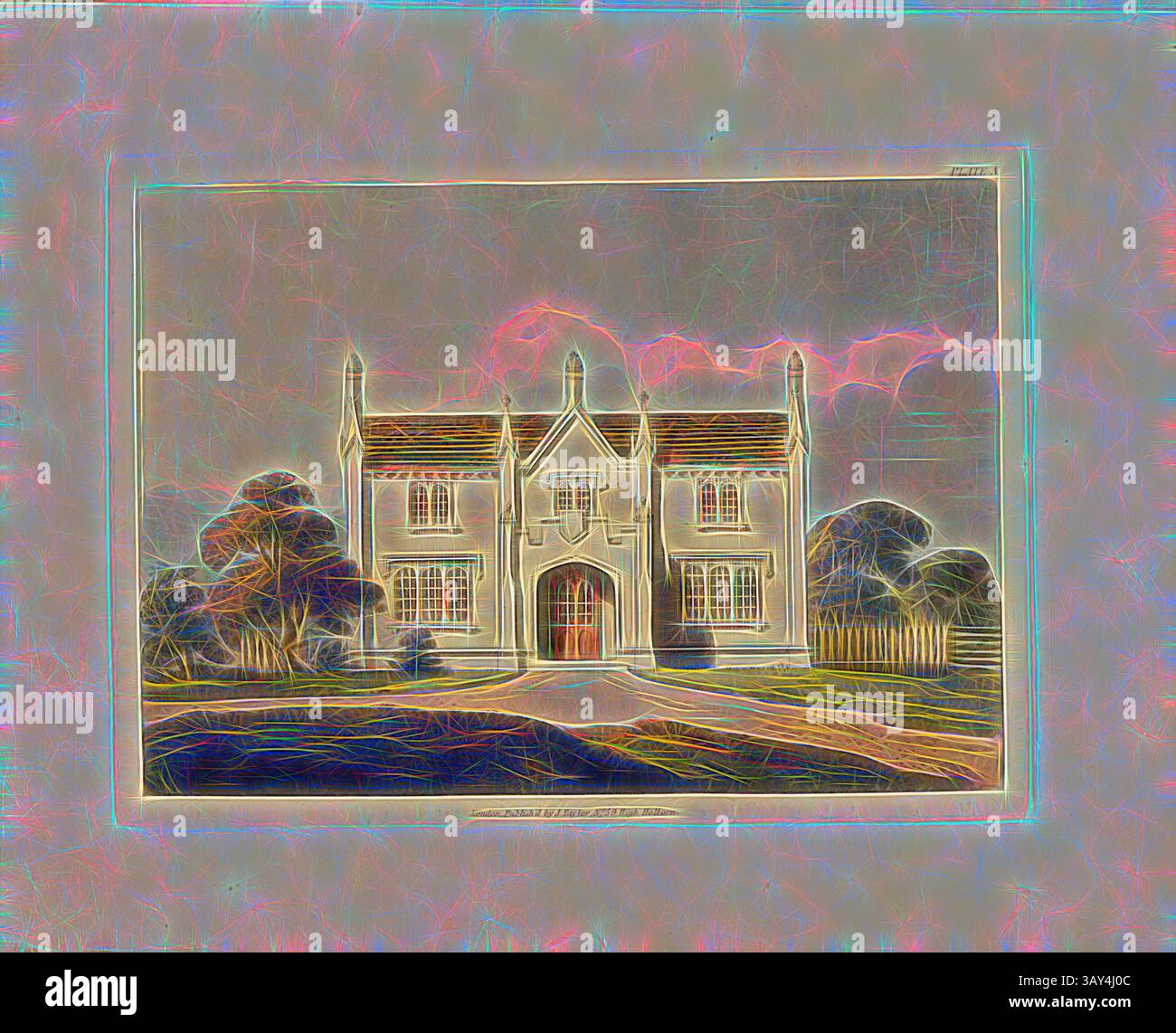 Un'affascinante casa in stile vittoriano sorge in modo prominente, incorniciata da alberi lussureggianti e da un tranquillo paesaggio. La sua complessa architettura è caratterizzata da timpani a punta e da una lavorazione artigianale dettagliata, che evoca un senso di eleganza senza tempo. Un soffice bagliore mette in risalto l'ambiente circostante, esaltando l'atmosfera tranquilla., Farm House 1b, elevazione di una fattoria, PL. X, a pag. 31, Robert Lugar: Bozzetti architettonici per cottage, abitazioni rurali e ville, in greco, gotico, e stili eleganti: con piani; adatto a persone di vita gentile e moderata fortuna.: preceduto da alcune osservazioni sul paesaggio e sul carattere Foto Stock