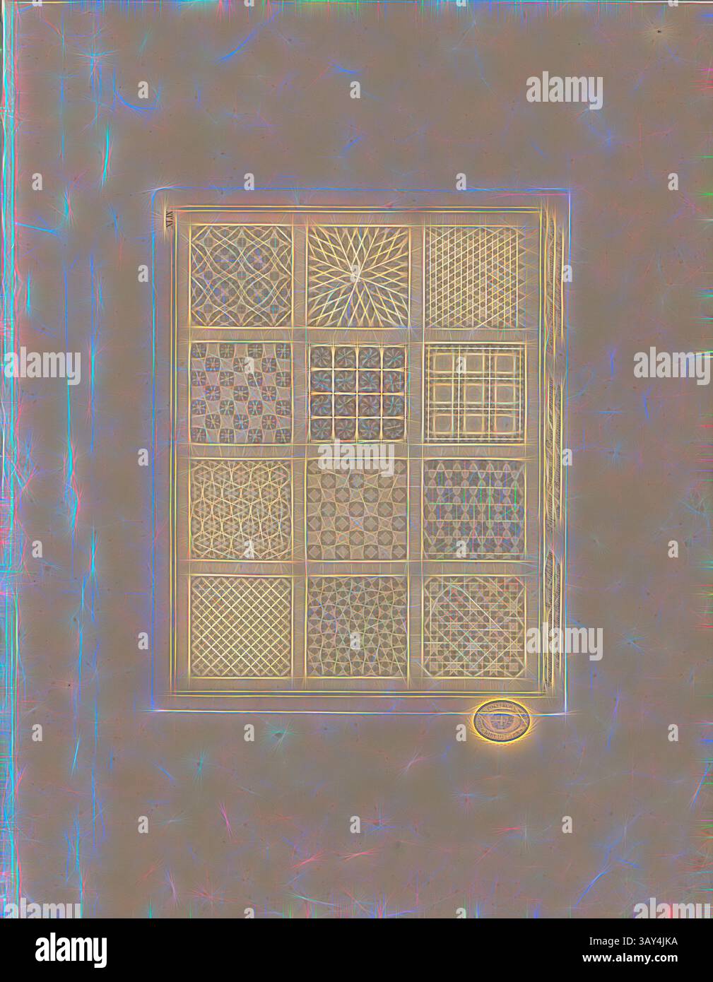 Una collezione di fantasie dal design intricato disposte in griglia, che presentano varie forme geometriche e texture, ognuna a creare un ritmo visivo e un'armonia unici. Vari tipi di pavimenti a mosaico nelle basiliche cristiane di Roma, motivi a mosaico nelle basiliche romane, firmati: I. G. G, Taf. XLIX, dopo pag. 6, Christian Karl Josias von Bunsen: Die Basiliken des christlichen Roms: Nach ihrem Zusammenhange mit idee und Geschichte der Kirchenbaukunst. BD 2) München: Literarisch-artistische Anstalt der J. G. cotta'schen Buchhandlung, [1824], arte classica con un tocco moderno Foto Stock