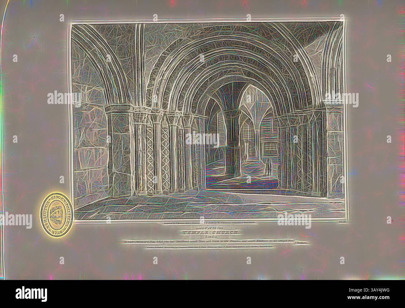 Interni intricati caratterizzati da soffitti e colonne ad arco in pietra, che creano un senso di profondità e grandezza. Il gioco di luci e ombre esalta i dettagli architettonici, invitando l'esplorazione dello spazio. Porta alla Temple Church, Londra, Temple Church Temple a Londra, firmata: Incisa da S. Sparrow, da un disegno di J.C. Smith, Fig. 25, PL. III, a pag. 16, Smith, J. C. (disegno); Sparrow, S. (engr.), 1807, John Britton: le antichità architettoniche della Gran Bretagna: rappresentate e illustrate in una serie di viste, elevazioni, piani, sezioni e dettagli di vari antichi inglesi Foto Stock