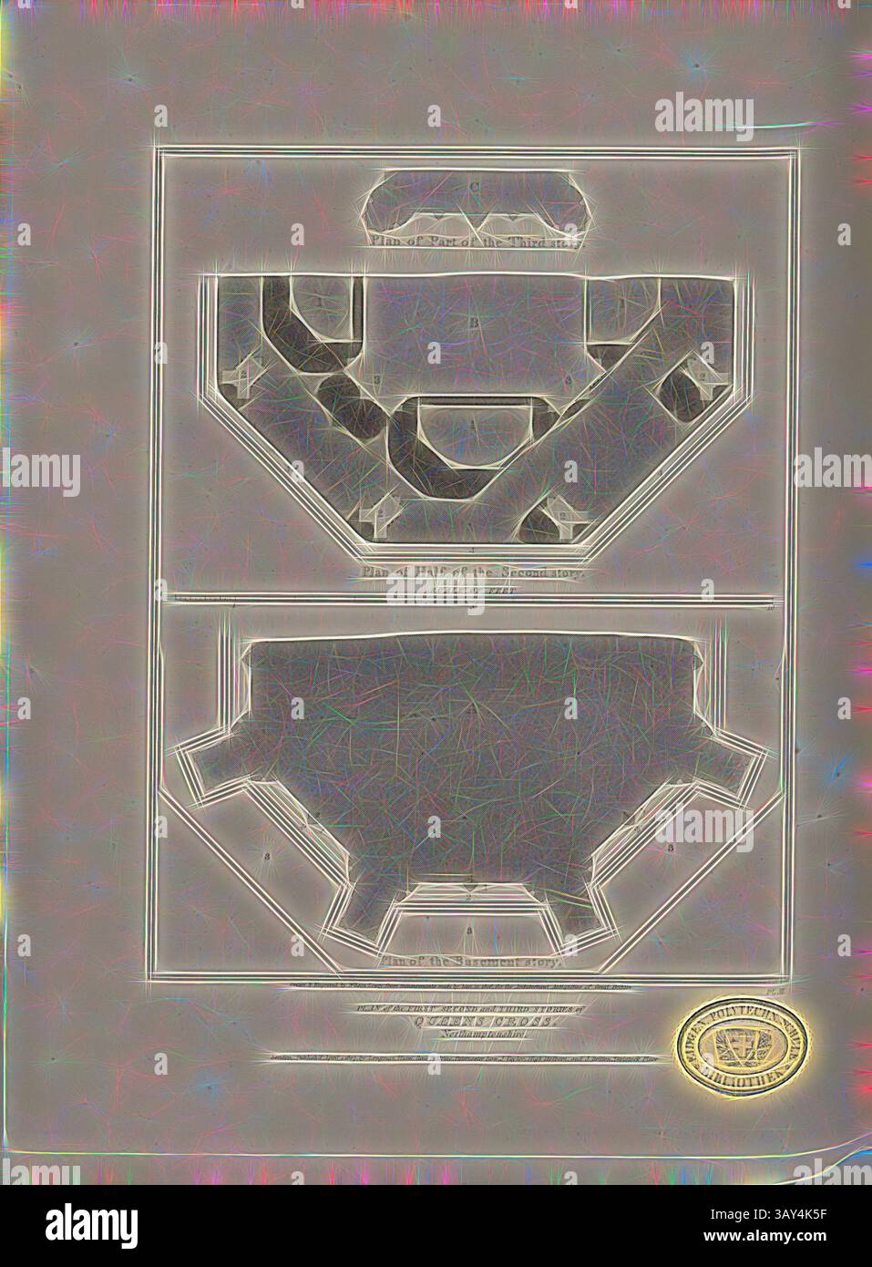 Un progetto dettagliato che mostra due layout architettonici, con intricati lavori di linea e vari elementi strutturali, accompagnati da un sigillo sul fondo., piano del primo, secondo e terzo piano della Queen's Cross, Northamptonshire, planimetrie dei vari livelli della Eleanor Cross a Hardingstone vicino Northampton, firmato: Disegnato e inciso da Wilson Lowry, Fig. 46, PL. II, p. 26, Lowry, Wilson (Drawn and engr.), 1806, John Britton: The Architectural Antiques of Great Britain: Rappresentate e illustrate in una serie di viste, elevazioni, piani, sezioni e dettagli di Foto Stock