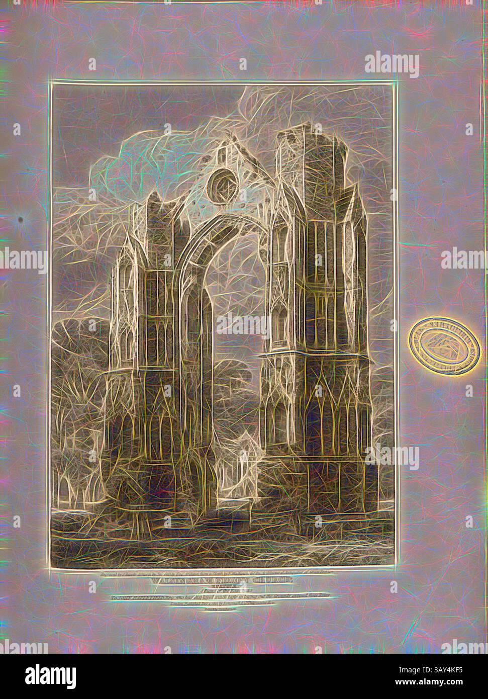 Una grande struttura architettonica con dettagli intricati e torreggianti guglie sorge in mezzo a un paesaggio circostante, evocando un senso di storia e bellezza. Il design presenta motivi elaborati che enfatizzano la sua grandezza e il suo significato artistico. Walsingham Priory Church, Norfolk Ruins of the East end, Walsingham Priory Ruin in Norfolk, firmato: Inciso da S. Rawle; disegnato da Jos., Gandy, da uno schizzo di F. Mackenzie; pubblicato da Longman & Co, Fig. 30, pag. 106, Mackenzie, F. (sketch); Gandy, Joseph Michael (disegno); Rawle, Samuel (incisione); Longman & Co. (Longman & Co.), 1812, John Britton Foto Stock