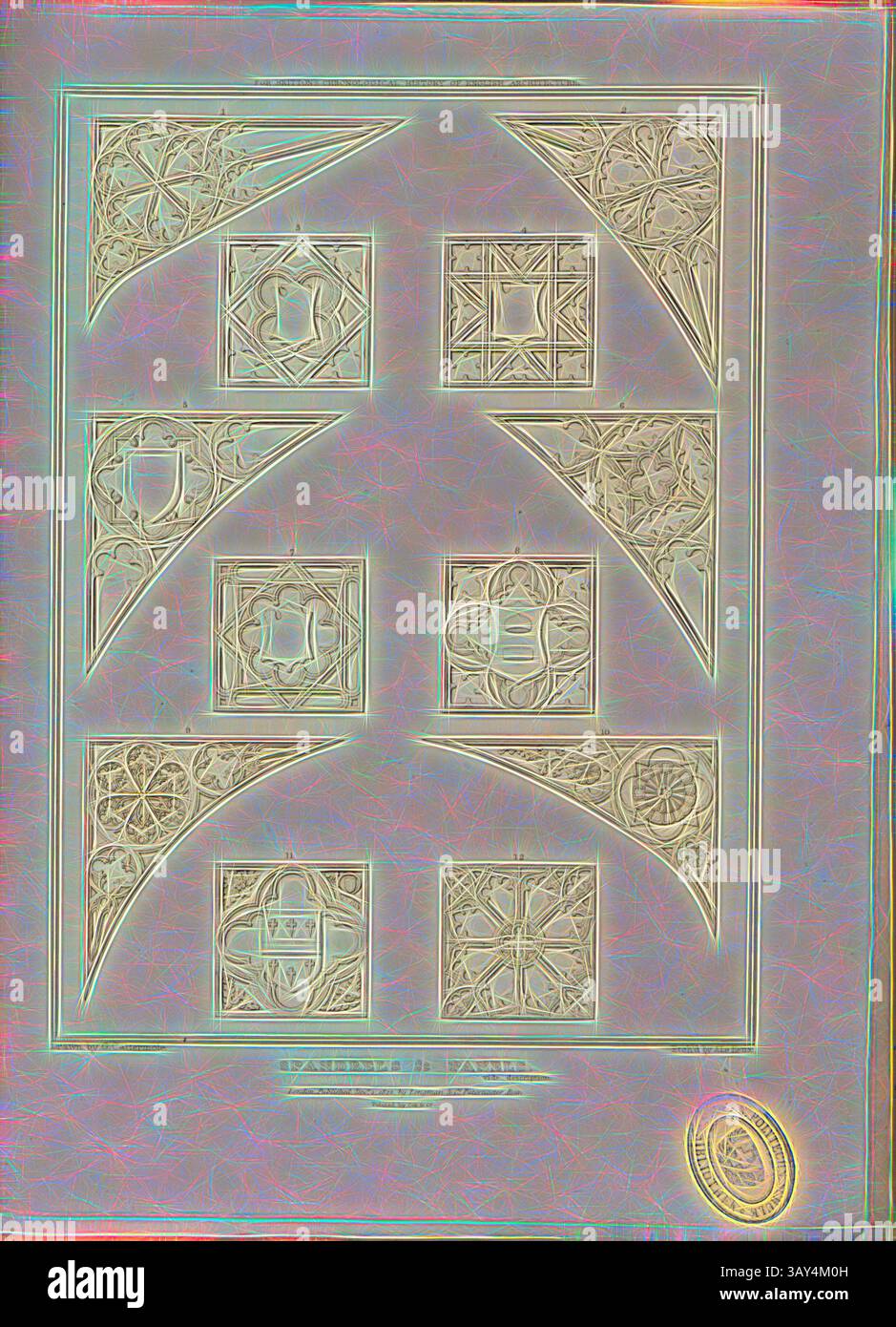 Una copertina decorata caratterizzata da intricati disegni geometrici e motivi eleganti, che mettono in mostra un mix di arte e artigianato. Il layout è simmetrico, con varie forme e motivi che contribuiscono a un effetto complessivo visivamente sorprendente., Spandrel, vari fazzoletti e pannelli, firmati: Disegnati da G. Cattermole; Etch'd di J. le Keux; pubblicato da Longman & Co, Fig. 74, pag. 260, Cattermole, George (disegno); Keux, John le (incisione); Longman & Co. (pubblicato), 1822, John Britton: The Architectural Antiques of Great Britain: rappresentato e illustrato in una serie di viste, altitudini, piani Foto Stock