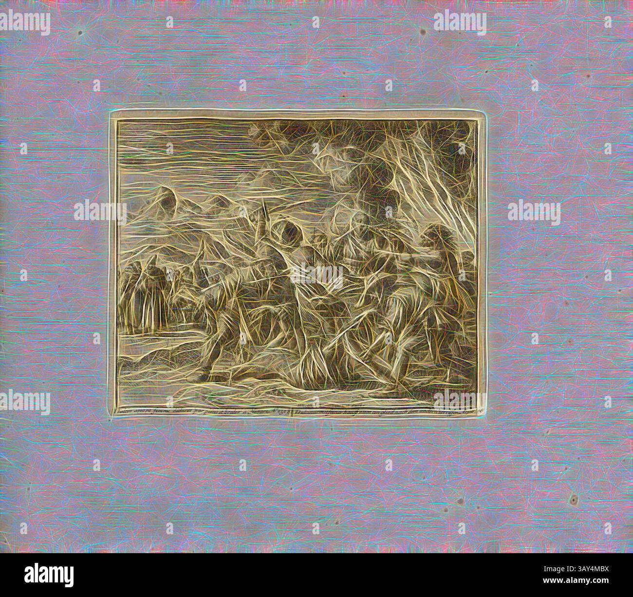 Una rappresentazione intricata ed eterea di figure impegnate in una scena drammatica, circondata da forme e texture vorticose che evocano un senso di movimento ed emozione. Lo sfondo completa le figure centrali, esaltando il senso generale di profondità e abilità artistica., Dulcin con la moglie che si strappa a pezzi e brucia a Novara, anno 1308, titolo parallelo: Dulcinus con le sue casalinghe strappato un arto dopo l'altro, A nn o 1308, firmato: Ian Luyken invenit et fecit, incisione su lastra, 48.), S. 105, Luyken, Jan (inv. et fec.), Jan Luyken: Théâtre des martyrs: depuis la mort de J.Christ jusqu'à present Foto Stock