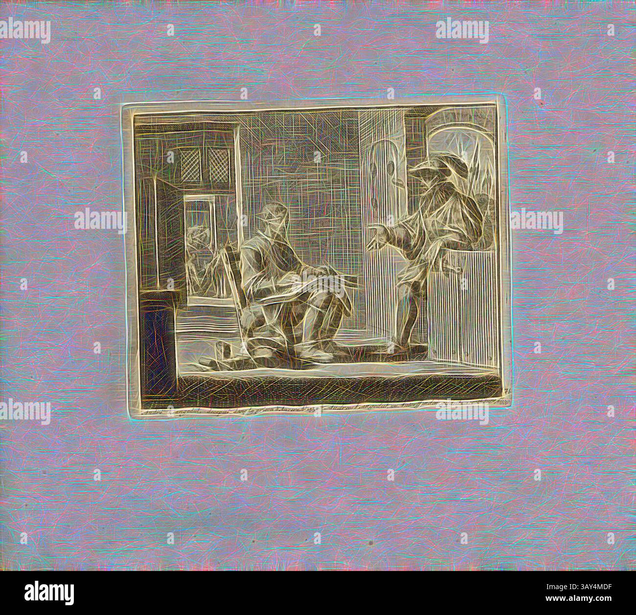 Una figura seduta si impegna a conversare con un'altra figura in piedi in una porta, circondata da un interno morbido pieno di vari dettagli e texture. L'atmosfera suggerisce un momento di riflessione o di dialogo, sottolineando l'interazione tra i due personaggi. André Langedul, decapitato nella prigione di Anversa, anno 1559, titolo parallelo: Andrees Langedul to Antorff in the gefänknus entsäupt, A nn o 1559, incisione rame, 74.), p. 157, Luyken, Jan (inv. et fec.), Jan Luyken: Théâtre des martyrs: depuis la mort de J.Christ jusqu'à presente: représenté en très belles Foto Stock