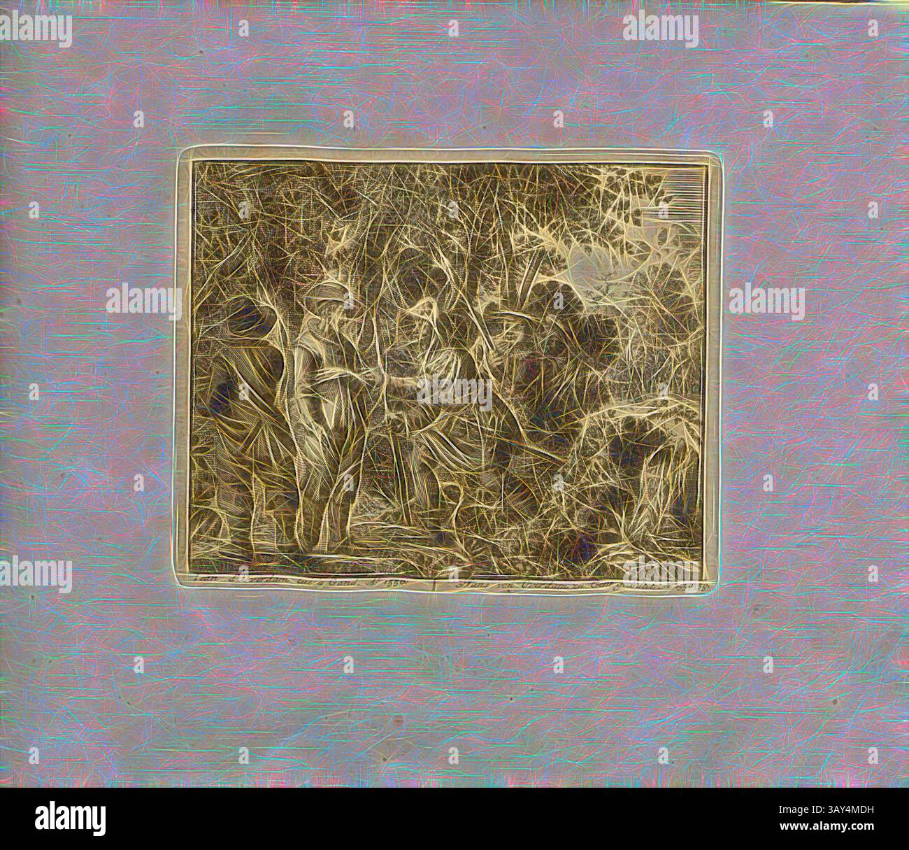 Un gruppo di persone si è impegnato in una discussione in un ambiente naturale, circondato da alberi e fogliame. La scena trasmette un senso di cameratismo e contemplazione., Overdam's Iean Killed at Grand, anno 1550, Parallel title: Hans of Overdam Killed at Gand, A nn o 1550, Copperplate Engraving, 59.), p. 127, Luyken, Jan (inv. et fec.), Jan Luyken: Théâtre des martyrs: depuis la mort de J. Cristo jusqu'à presente: Représenté en très belles tailles-douces = Schau-Bühne der Martyrer; gezeichnet und in Kuppfer gestochen. Leyde: chez Pierre Van der AA, [1711], arte classica con un tocco moderno reinventata da Foto Stock