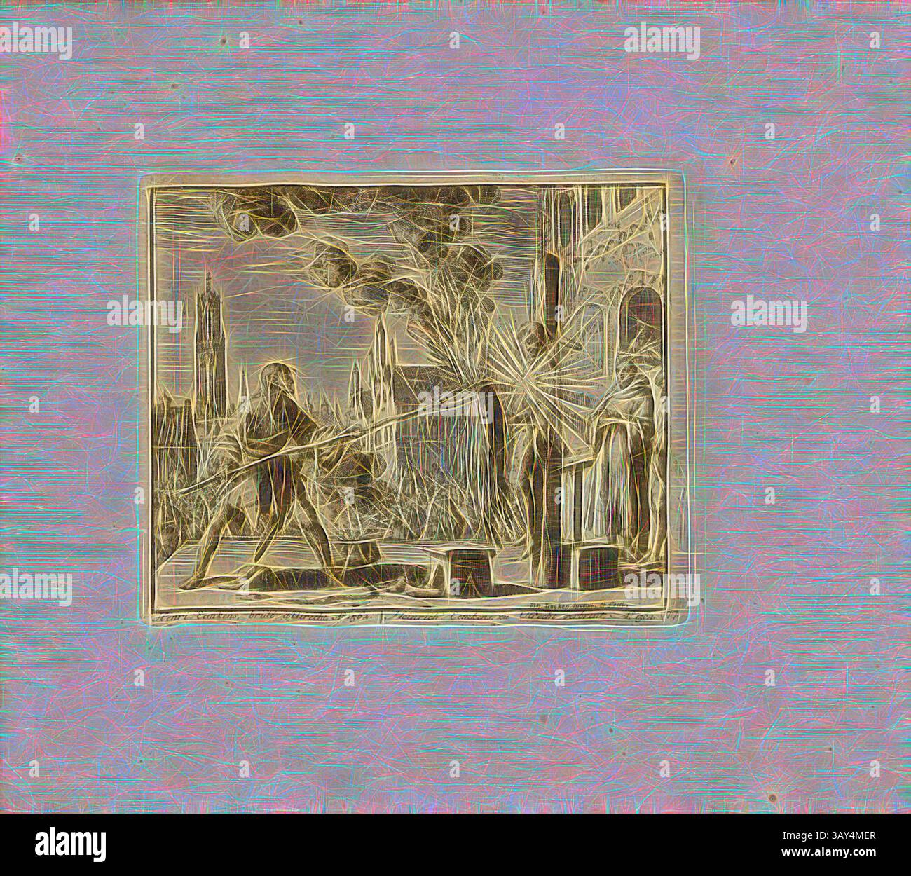 Una scena drammatica raffigurante figure impegnate in una lotta, circondate da un intenso scenario di architettura e fumo, che suggerisce un momento di conflitto o trasformazione. La composizione mescola dettagli intricati con un'estetica vibrante e strutturata., Henri Eemkens, bruciato a Utrecht, anno 1562, titolo parallelo: Heinricht Eemekens, sepolto a Utrecht, A nn o 1562, firmato: Ian., Luyken invenit et fecit, incisione di rame, 77.), p. 163, Luyken, Jan (inv. et fec.), Jan Luyken: Théâtre des martyrs: depuis la mort de J.Christ jusqu'à presente: représenté en très belles tailles-douces = Schau-Bühne der Foto Stock
