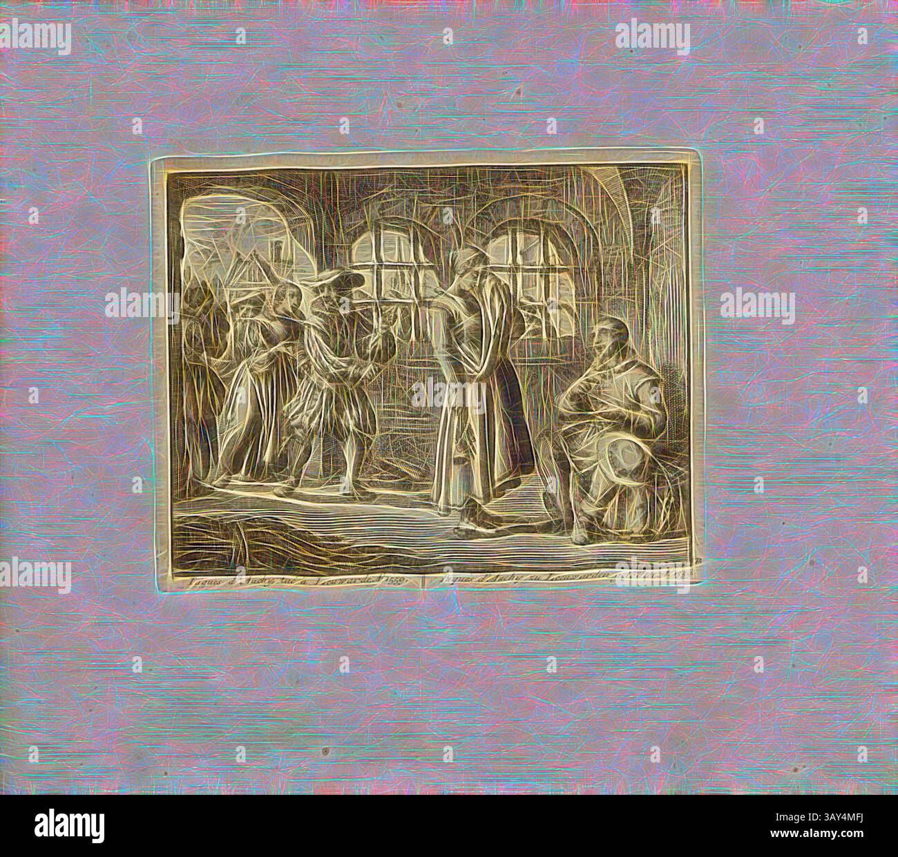 Un gruppo di figure è impegnato in una scena drammatica all'interno di una stanza scarsamente illuminata, mostrando un mix di emozioni e interazioni, mentre una figura suona un tamburo, aggiungendo un elemento ritmico alla narrazione., Iaques d'Auchy, Killed at Leuwarde, anno 1559, Parallel title: Iaques d'Auchy Killed at Leeuwarden, A nn o 1559, incisione copperplate, 72.), p. 153, Luyken, Jan (inv. et fec.), Jan Luyken: Théâtre des martyrs: depuis la mort de J.Christ jusqu'à presente: représenté en très belles tailles-douces = Schau-Bühne der Martyrer; gezeichnet und in Kuppfer gestochen. Leyde: chez Pierre Van der AA Foto Stock