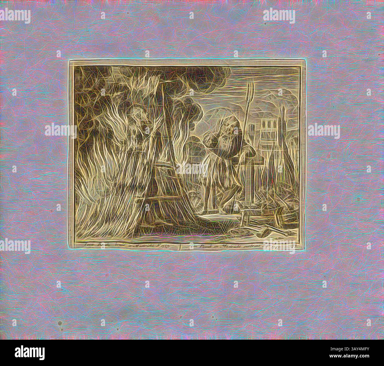 Una figura si erge con sfida in mezzo a uno sfondo di fiamme e caos, brandendo una lancia mentre è circondata da strutture consumate dal fuoco, evocando un senso di turbolenza e resistenza., Iean Bosch, brulé di Mastricht, anno 1559, Parallel title: Ian Bosch to Maastricht Burns anno 1559, Copper Engraving, 73.), p. 155, Luyken, Jan (inv. et fec.), Jan Luyken: Théâtre des martyrs: depuis la mort de J.Christ jusqu'à presente: représenté en très belles tailles-douces = Schau-Bühne der Martyrer; gezeichnet und in Kuppfer gestochen. Leyde: chez Pierre Van der AA, [1711], arte classica con un tocco moderno Foto Stock