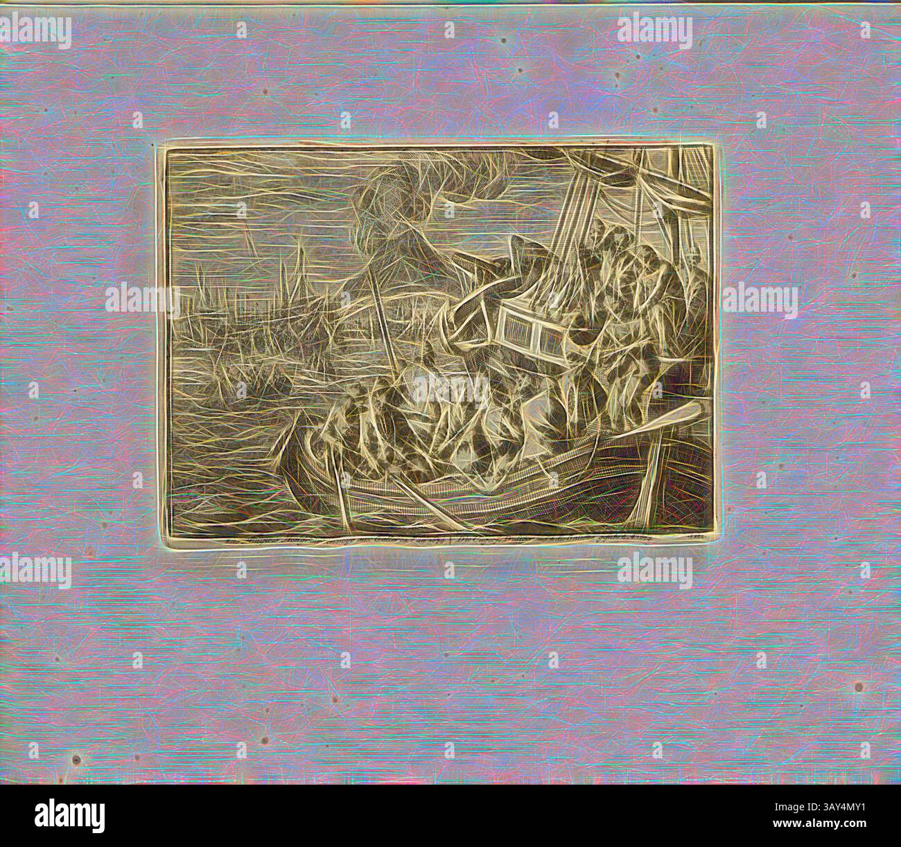 Un gruppo di figure naviga su una barca in mezzo a acque turbolente, con drammatico fumo che sale sullo sfondo, suggerendo una scena di urgenza ed esplorazione., i ministri Hector inviarono a Galleres, l'anno 1674, titolo parallelo: The Ungerese Preacher Leaded to the Galeren, A nn o 1674, incisione su lastra di rame, 112.), p. 233, Luyken, Jan (inv. et fec.), Jan Luyken: Théâtre des martyrs: depuis la mort de J. Cristo jusqu'à presente: Représenté en très belles tailles-douces = Schau-Bühne der Martyrer; gezeichnet und in Kuppfer gestochen. Leyde: chez Pierre Van der AA, [1711], arte classica con un tocco moderno Foto Stock