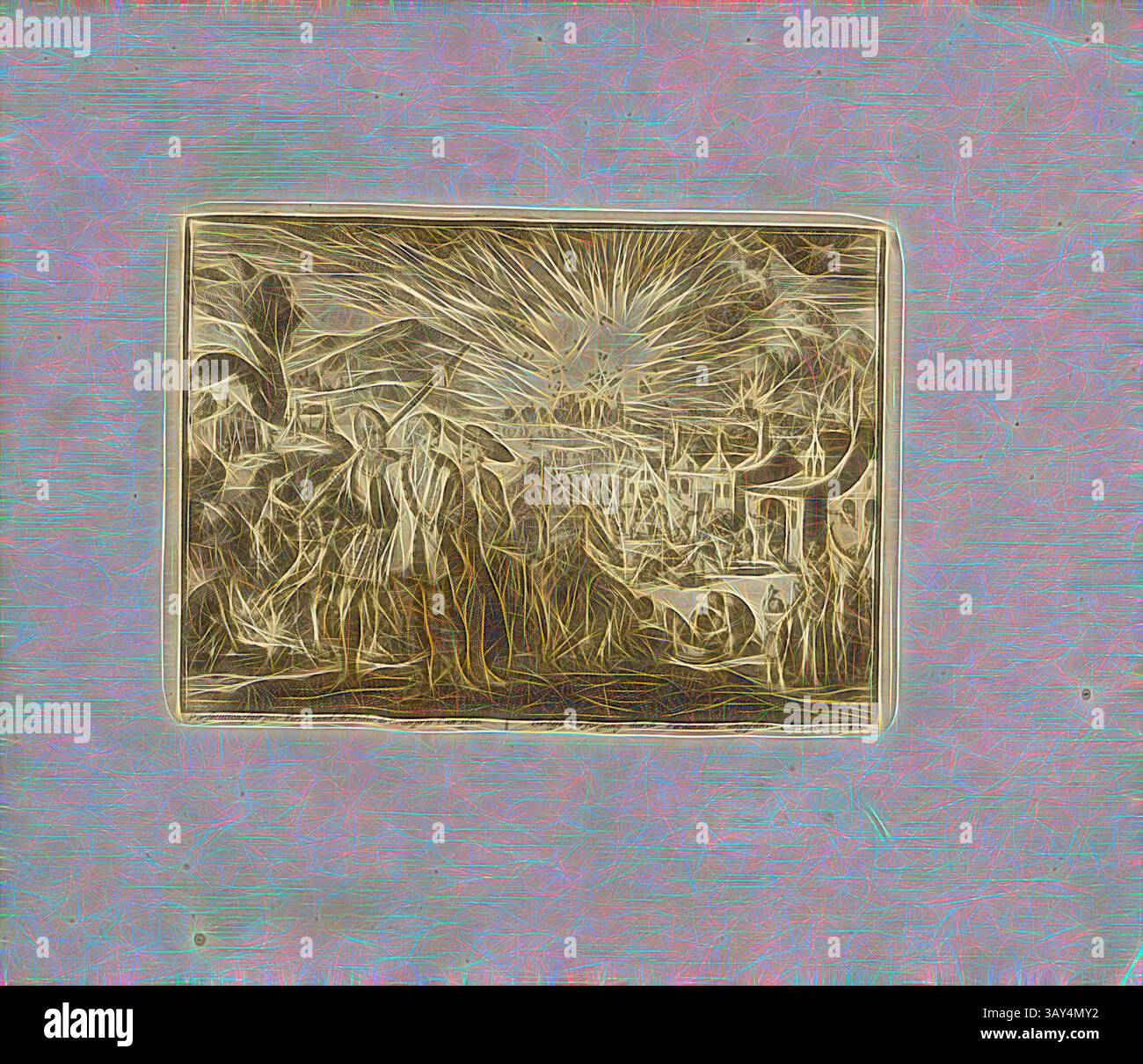 Una scena storica raffigurante figure impegnate in un evento significativo, circondata da un paesaggio drammatico illuminato da raggi di luce, che suggerisce un momento di rivelazione o intensità., persecuzioni fatte da Ferdinand Archiduc de Grat, verso l'anno 1600, titolo parallelo: Grande persecuzione di Ferdinando, circa Un nn o 1600, incisione su lastra di rame, 106.), p. 221, Luyken, Jan (inv. et fec.), Jan Luyken: Théâtre des martyrs: depuis la mort de J. Cristo jusqu'à presente: Représenté en très belles tailles-douces = Schau-Bühne der Martyrer; gezeichnet und in Kuppfer gestochen. Leyde: chez Pierre Van der AA, [. Foto Stock