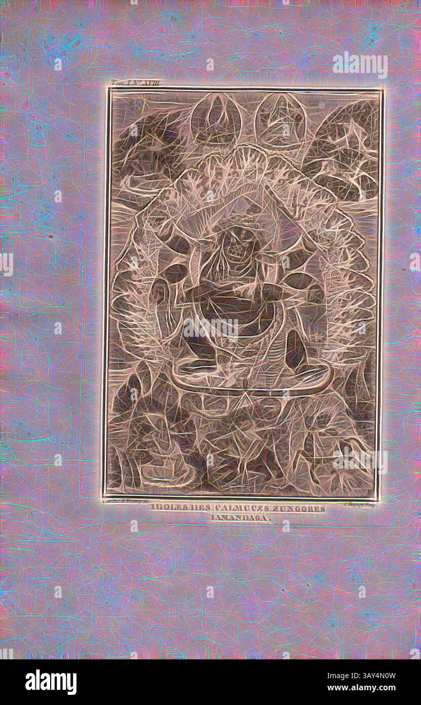 Una dettagliata raffigurazione di una divinità adornata da elaborati ornamenti, circondata da intricati disegni ed elementi simbolici, che mostrano una miscela di spiritualità e arte. La composizione enfatizza il significato della figura in un contesto culturale., Idols of Calmuczs Zungores Iamandaga, Religion and Mythology: Idol of the Iamandaga, un re del popolo mongolo occidentale, i Calmucchi, firmati: Carême de Fêcamp (del.), C. Baquoy (sculp.), Copperplate incisione, n. XVIII, secondo P. 302 (vol. 1), Fécamp, Carême de Baquoy, Jean-Charles, 1768, Jean Chappe d'Auteroche: Voyage en Sibérie Foto Stock