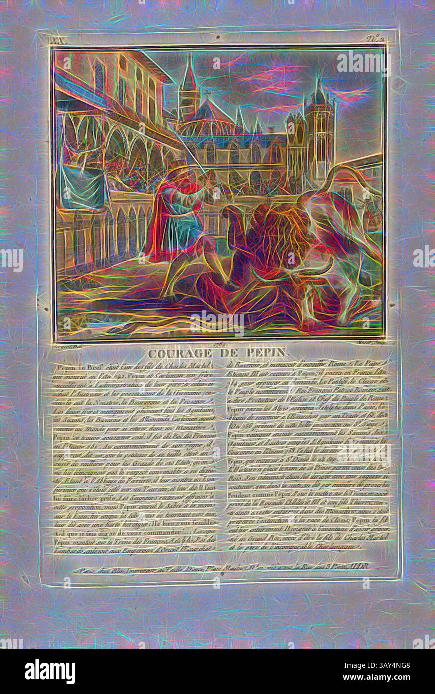 Una scena storica che raffigura un momento di coraggio, con figure in abiti elaborati in mezzo a uno sfondo architettonico ornato. Il testo qui sotto fornisce contesto o narrazione, migliorando l'aspetto narrativo della composizione., coraggio di Pipino, Battaglia di Pipino III., (Pipino il giovane) contro un leone all'Abbazia di Ferrières, firmato: Sergen (del.); Moret (sculp.); chez Blin, XX no 2, Sergent, Antoine Louis Francois (del.); Morret, Jean-Baptiste (sculp.); Blin (chez), Antoine Francois Sergent-Marceau: Portraits des grands hommes, femmes illustres et sujets mémorables de France: Gravés et Foto Stock