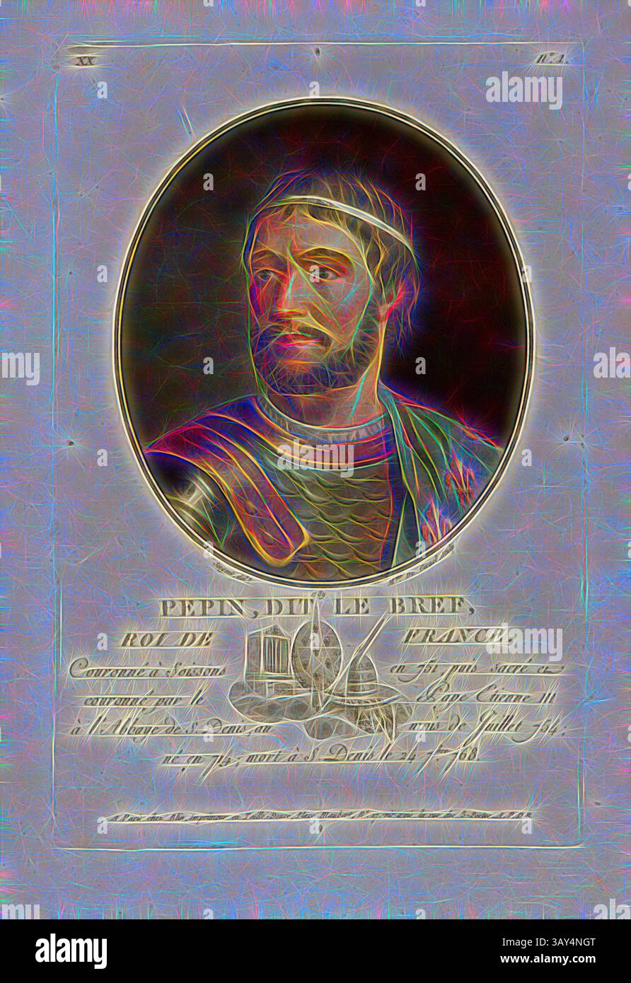 Un ritratto regale di Pipino il corto, il re dei Franchi, adornato da intricate scrollwork e iscrizioni storiche, che evidenziano il suo significato negli annali della storia medievale. La sua nobile espressione riflette il peso dei suoi doveri reali., dice Pepino, il breve re di Francia, Pipino III. anche Pippin il giovane, firmato: Sergent (del.); Mme. De Cernel (sculp.); chez Blin, n. XX 1, Sergent, Antoine Louis Francois (del.); Cernel, Marie-Louise-Suzanne Champion de (sc.); Blin (chez), Antoine Francois Sergent-Marceau: Portraits des grands hommes, femmes illustres et sujets mémorables Foto Stock