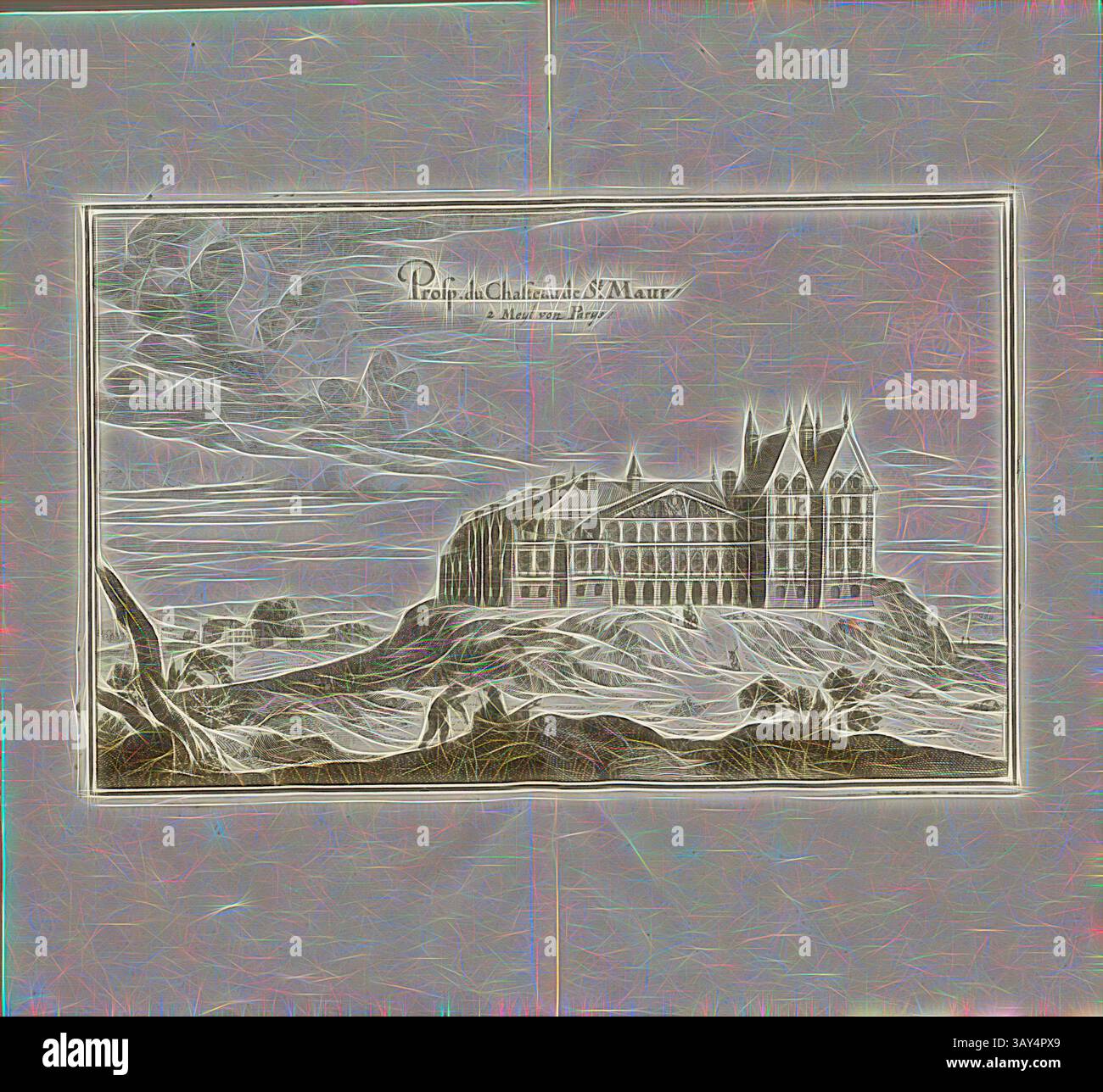 Un grande castello arroccato sulla cima di una scogliera rocciosa, circondato da cieli suggestivi e nuvole vorticose, che evocano un senso di mistero e grandezza storica. Le eleganti guglie raggiungono l'alto, suggerendo un ricco stile architettonico che si fonde perfettamente con il paesaggio., Prosp. Du Chasteau de St. Maur, 2 Meyl of Parys, Château de Saint-Maur in Francia, Fig. 100, dopo P. 96, Martin Zeiller: Topographia Galliae, oder, Beschreibung und Contrafaitung der vornehmbsten und bekantisten Oerter in dem mächtigen und grossen Königreich Franckreich: Beedes auss eygner Erfahrung und den besten und berühmbtesten Scribenten Foto Stock