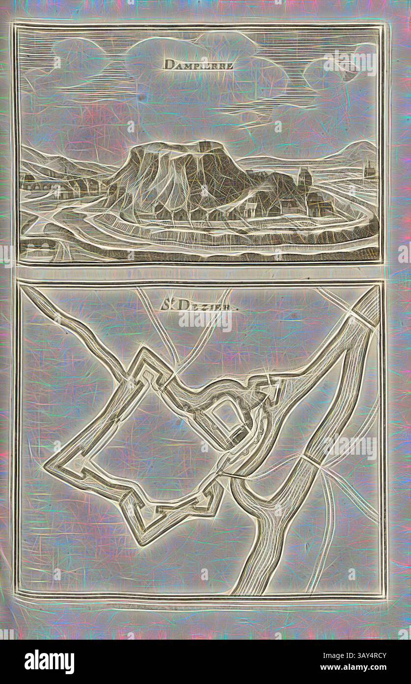 Un'illustrazione dettagliata che mostra due viste distinte: La parte superiore raffigura un paesaggio drammatico con un altopiano prominente e terreno circostante, mentre il fondo si concentra su una mappa stilizzata di un'area fortificata con confini e sentieri geometrici. Dampierre e St. Dezier, Dampierre e la pianta della fortezza Saint-Dizier in Francia, Fig. 43, terza parte, dopo pag. 10, Martin Zeiller: Topographia Galliae, oder, Beschreibung und Contrafaitung der vornehmbsten und bekantisten Oerter in dem mächtigen und grossen Königreich Franckreich: Beedes auss eygner Erfahrung und den besten und berühmbtesten Foto Stock