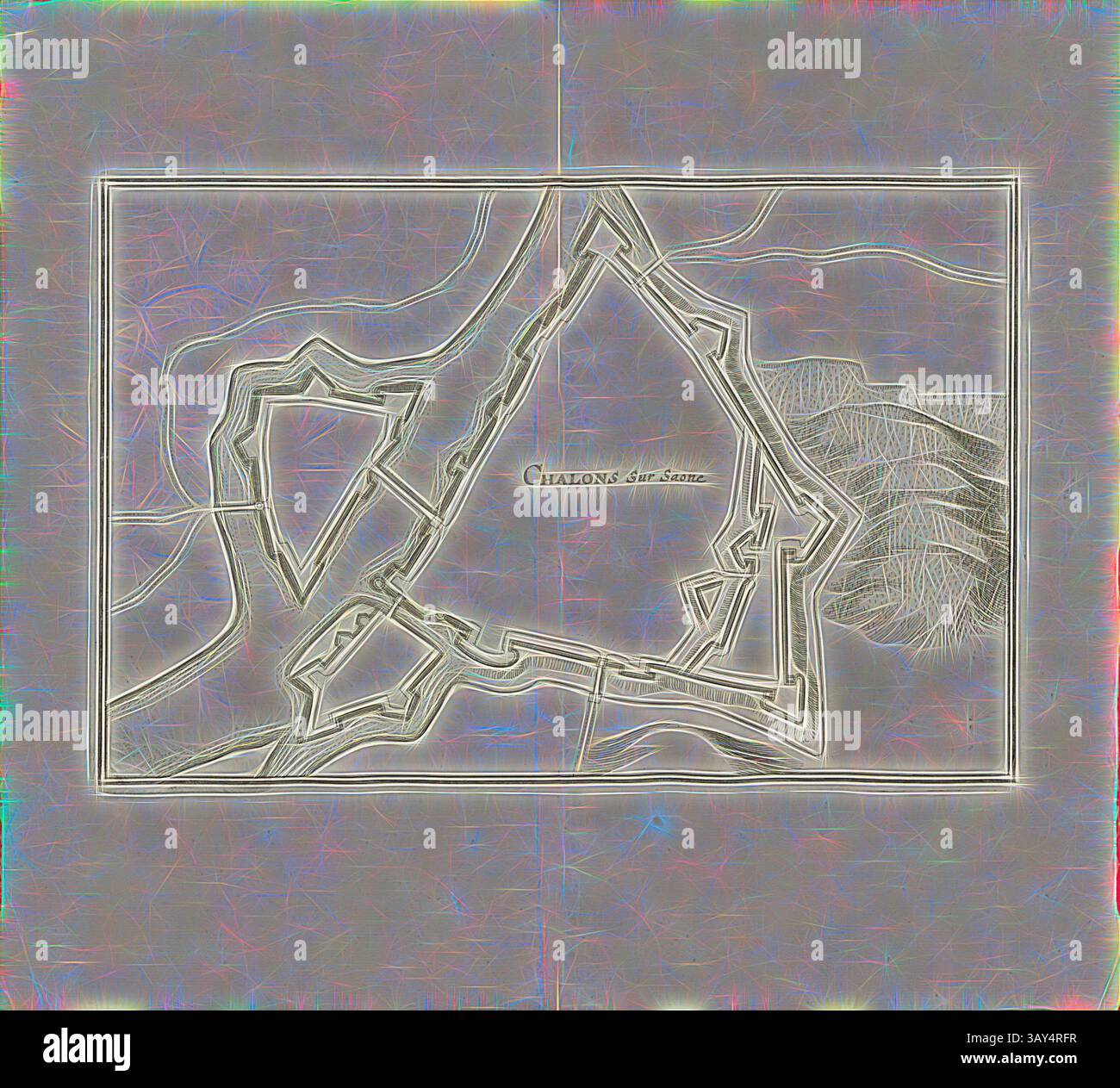 Una mappa dettagliata che mostra una struttura fortificata, caratterizzata da linee intricate che illustrano le sue mura e il terreno circostante, con il nome di "Chateau de Saint-Suzanne" ben visibile al centro. Chalons sur Saone, pianta della città di Chalon-sur-Saône nel Ducato di Borgogna, Fig. 10, Vierder Theil, dopo p. 10, Martin Zeiller: Topographia Galliae, oder, Beschreibung und Contrafaitung der vornehmbsten und bekantisten Oerter in dem mächtigen und grossen Königreich Franckreich: Beedes auss eygner Erfahrung und den besten und berühmbtesten Scribenten so in underschiedlichen Foto Stock