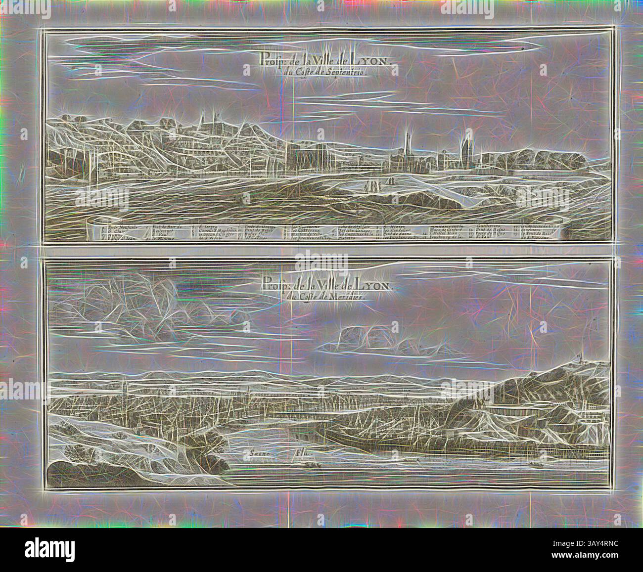 Una dettagliata rappresentazione paesaggistica che mostra una vista panoramica di una città, divisa in due sezioni. La parte superiore presenta colline ondulate e importanti strutture cittadine contro un cielo spettacolare, mentre il fondo presenta una tranquilla scena lungo il fiume, che suggerisce la tranquillità con onde dolci e dintorni lussureggianti. L'elegante linea migliora i dettagli complessi di entrambi gli ambienti., Prosp. Della città di Lione coste de Septentrio e coste de Meridies, diverse vedute della città di Lione, Fig. 27, Quinta parte, dopo pag. 8, Martin Zeiller: Topographia Galliae, oder, Beschreibung und Contrafaitung der vornehmbsten und Foto Stock